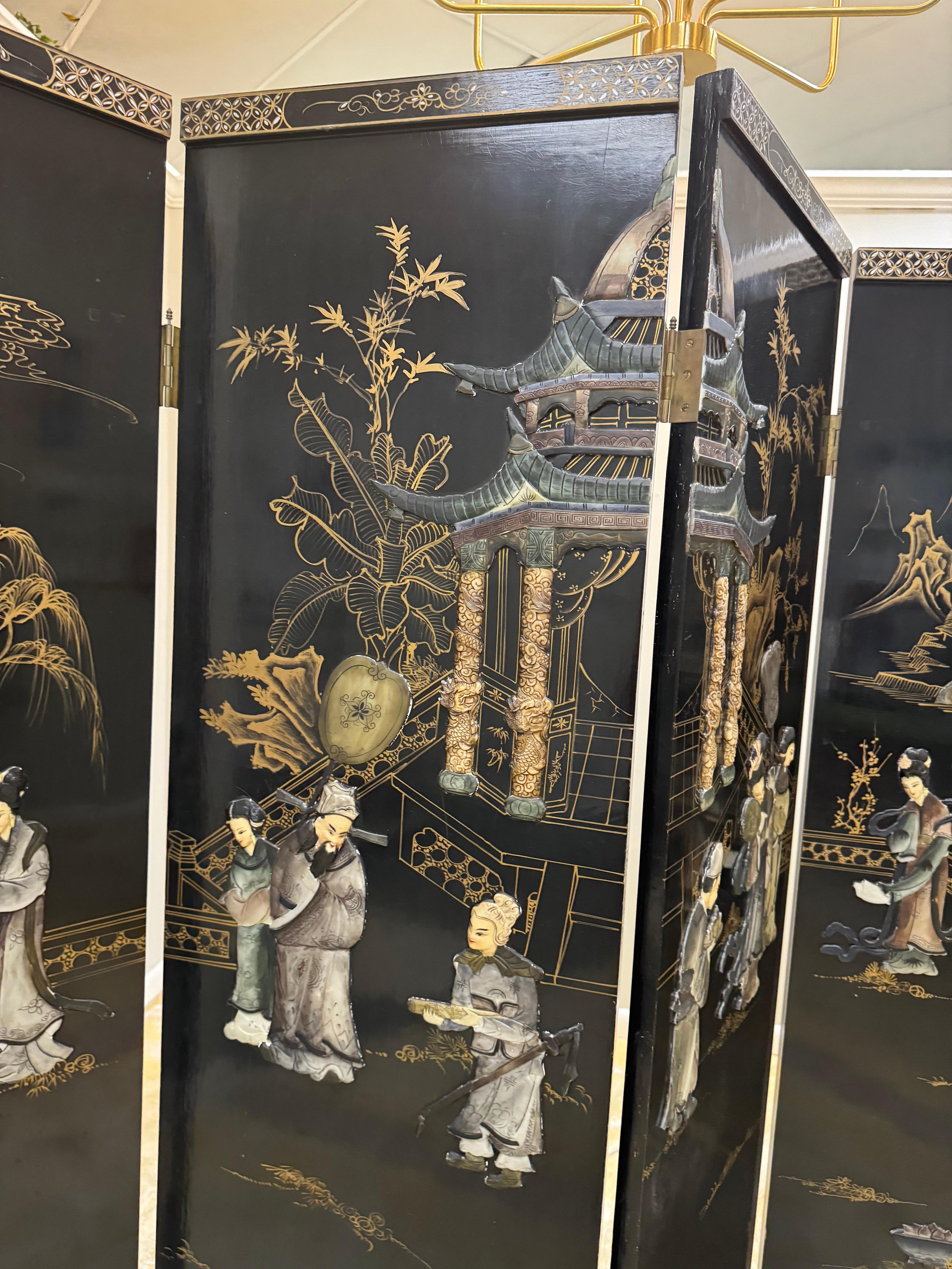 Wood Chinoiserie black lacquer mother of pearls & soap stones 4 panels room divider For Sale