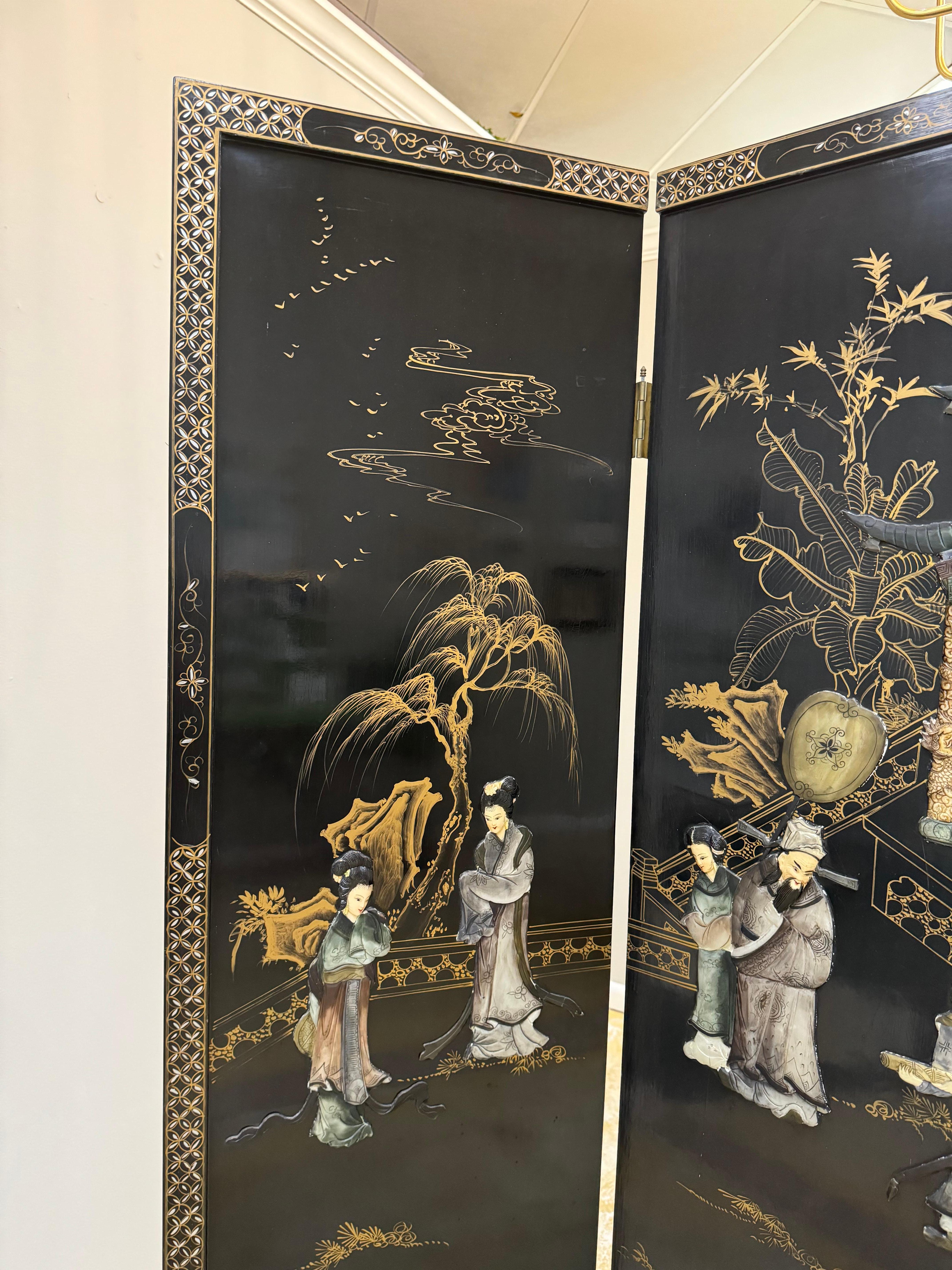 Chinoiserie black lacquer mother of pearls & soap stones 4 panels room divider For Sale 1