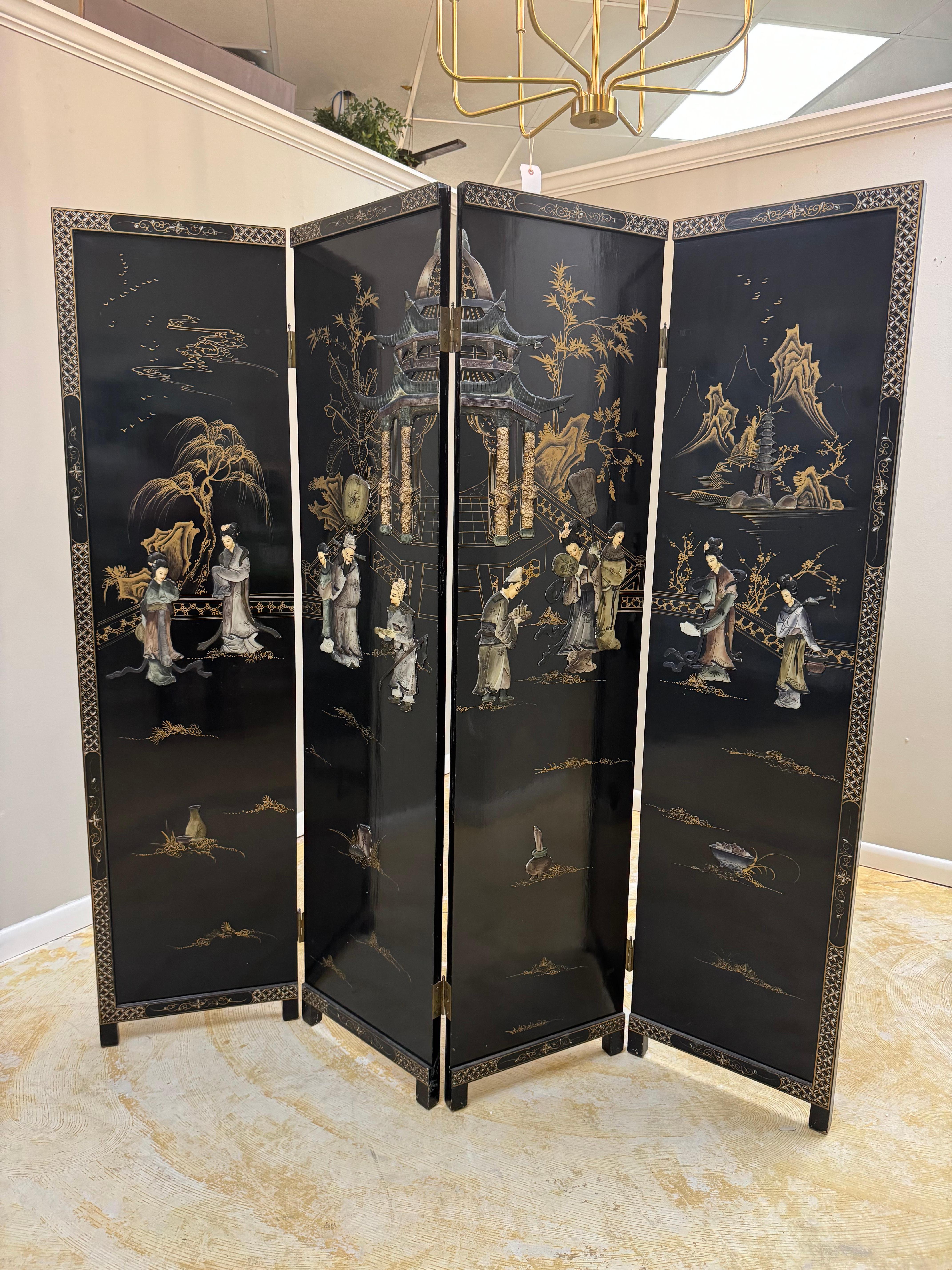 Chinoiserie black lacquer mother of pearls & soap stones 4 panels room divider For Sale 2