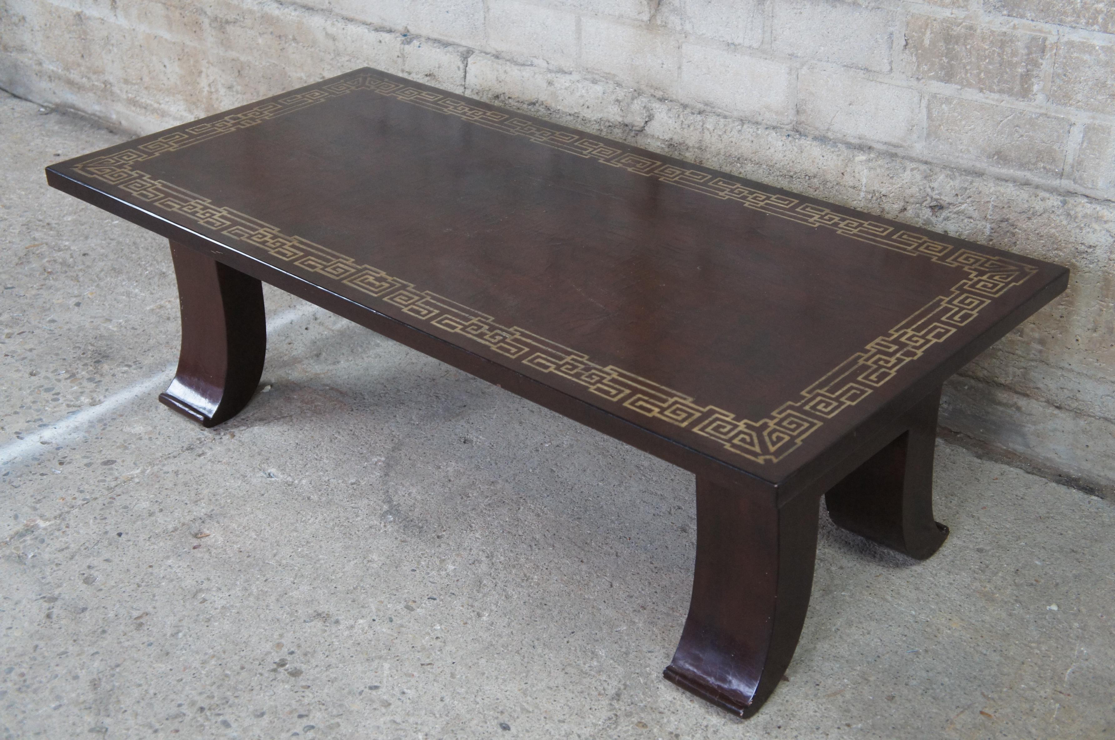 20th Century Vintage Chinoiserie Lacquered Rectangular Coffee Cocktail Table Greek Key Inlay For Sale