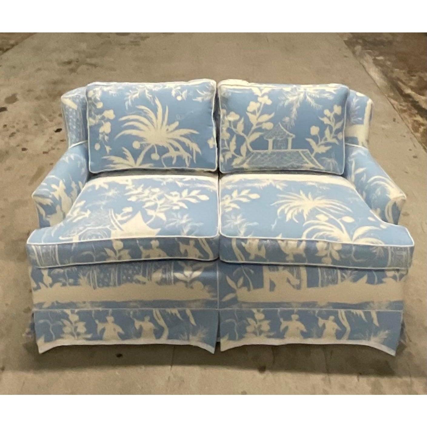 Fantastic vintage custom built loveseat. Beautiful high back shape done in Quadrille “China Seas” in custom pale ice lavender. The most stunning chinoiserie design. Acquired from a Palm Beach estate.