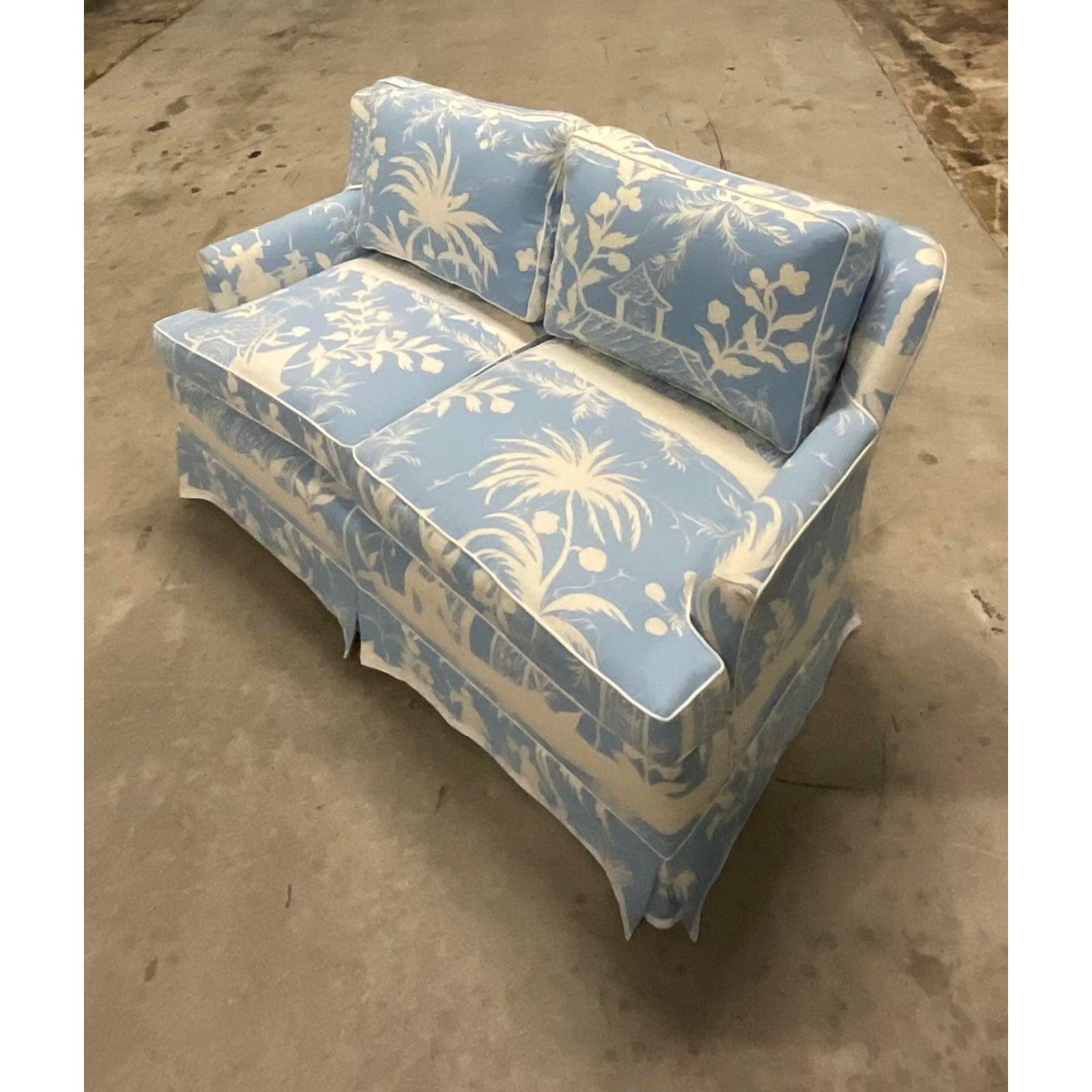 North American Vintage Chinoiserie Loveseat With Custom Lavender Quadrille “China Seas” Print