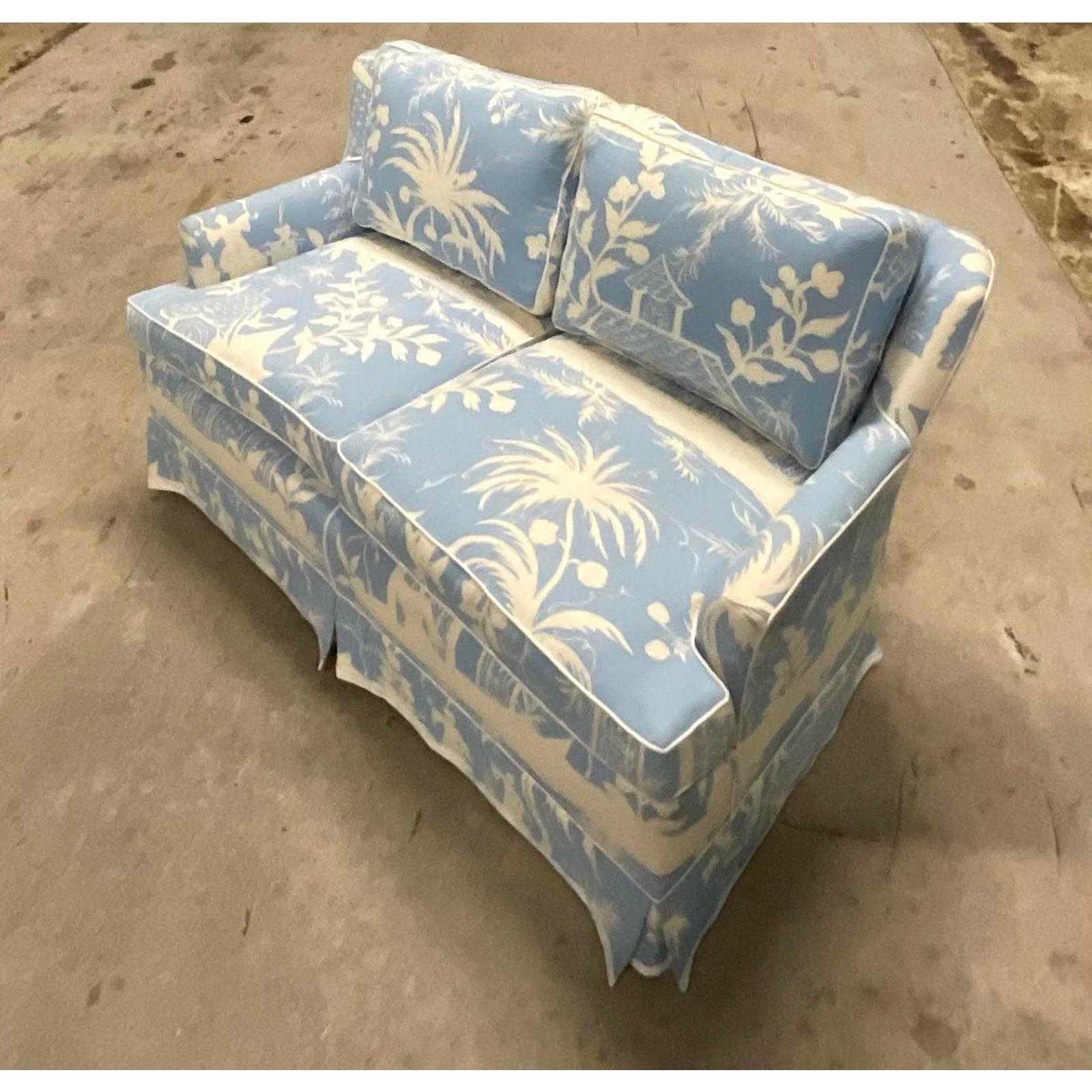 Fabric Vintage Chinoiserie Loveseat With Custom Lavender Quadrille “China Seas” Print