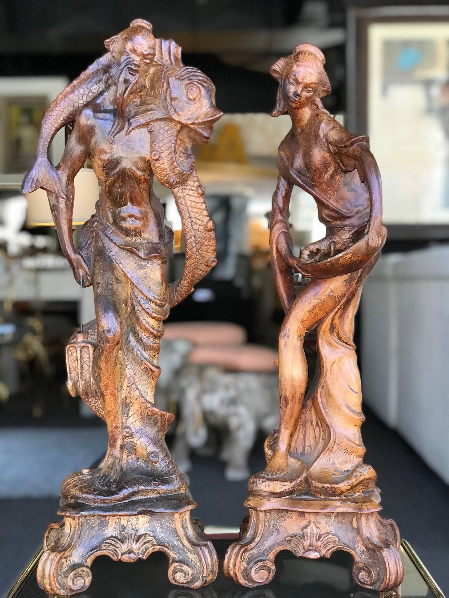This beautiful pair of chinoiserie statues of a man and woman came from the Estate of Keely Smith and her husband Lois Prima. A collector of beautiful Chinese furniture and art, most came from the 1960s Las Vegas estate they had while headlining in