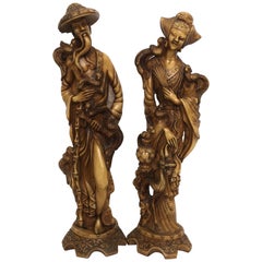 Vintage Chinoiserie Male and Female Statuary of Good Luck