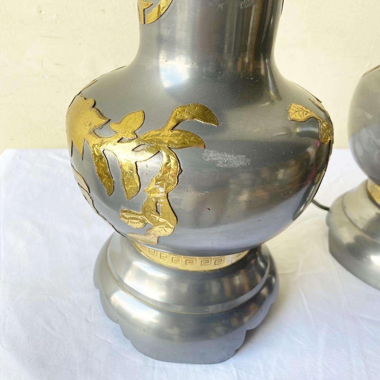 Vintage Chinoiserie Metal With Gold Table Lamps - a Pair In Good Condition For Sale In Delray Beach, FL