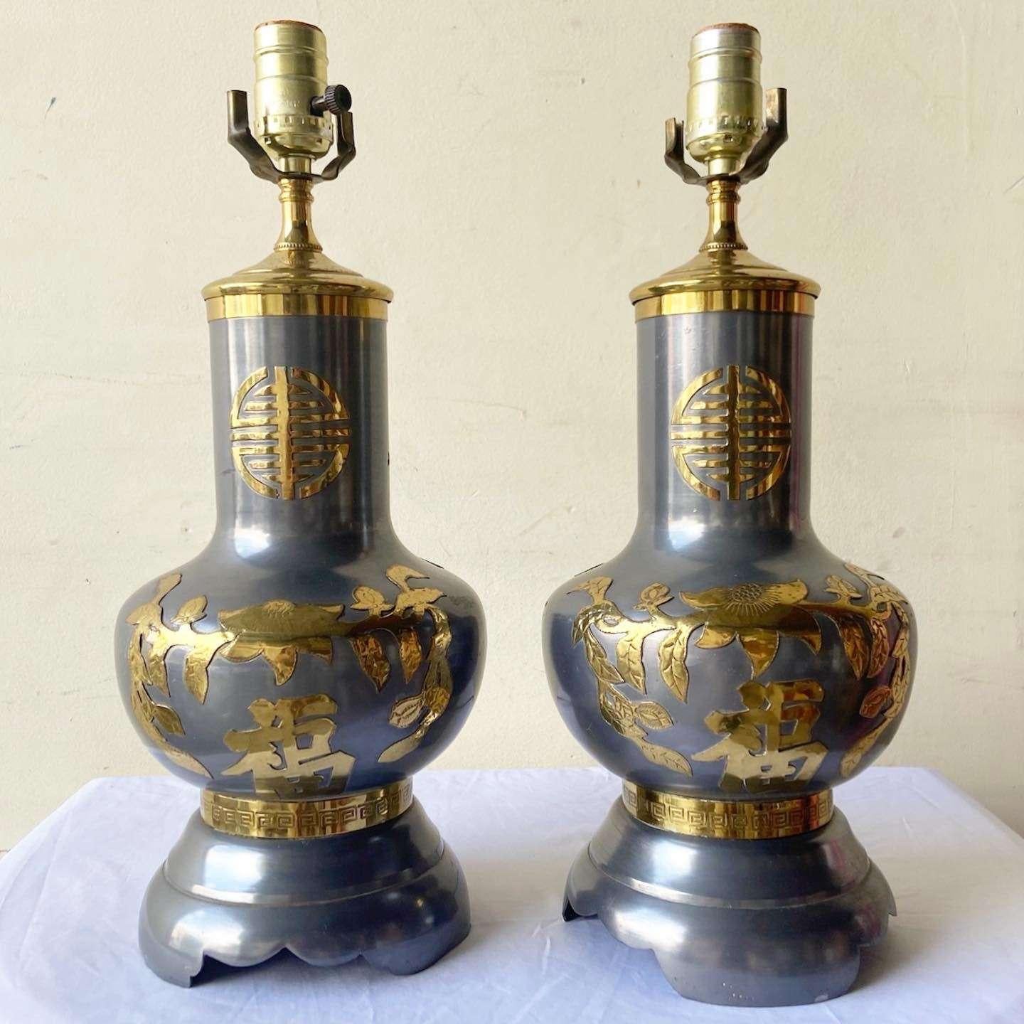 Late 20th Century Vintage Chinoiserie Metal With Gold Table Lamps - a Pair For Sale