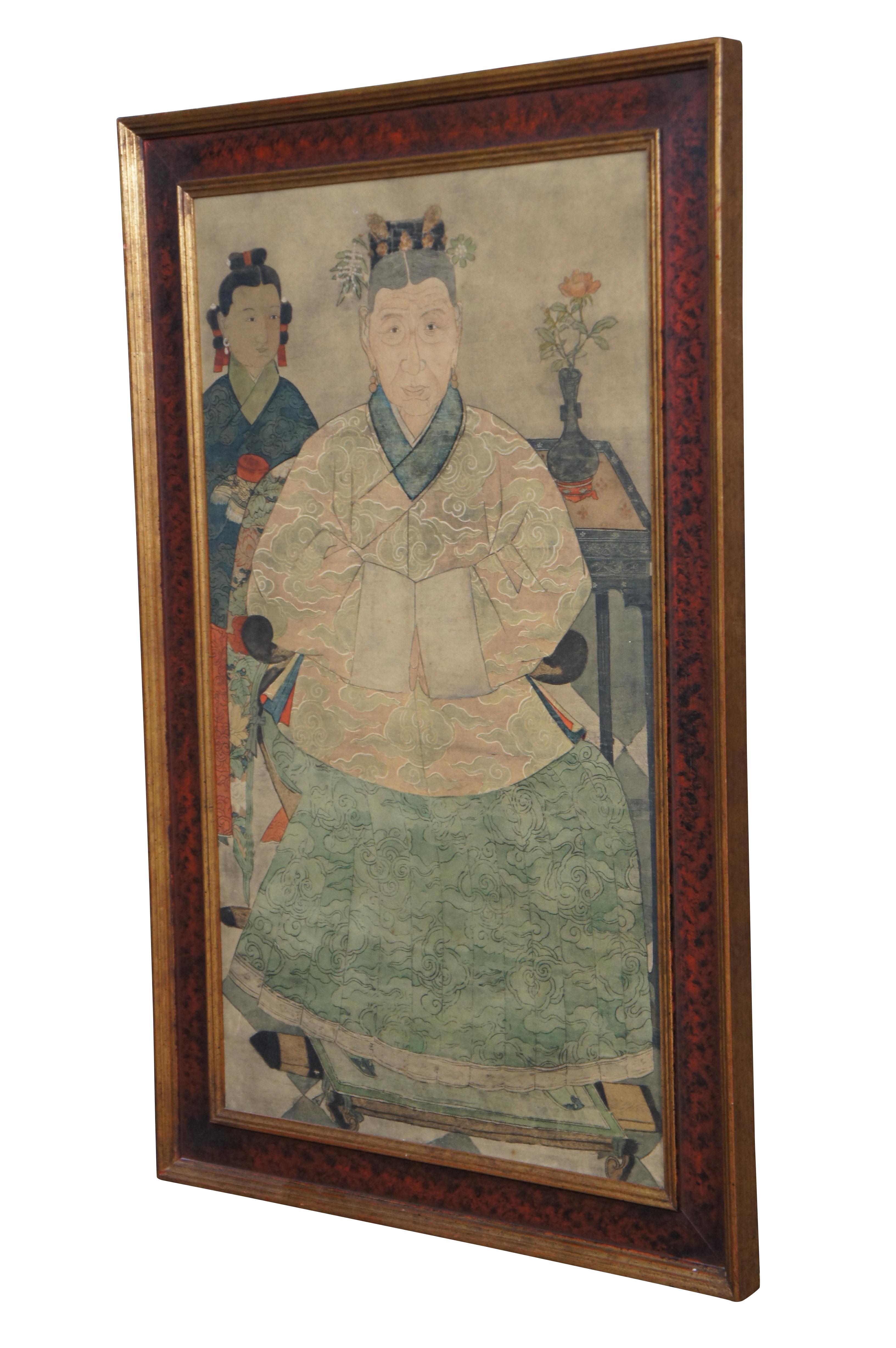 Vintage mid to late 20th century hand colored scroll style print of a Ming dynasty style family / ancestor portrait depicting an old Korean woman / Empress / Emperor seated on a raised chair with a rose on a table to one side and a young woman on