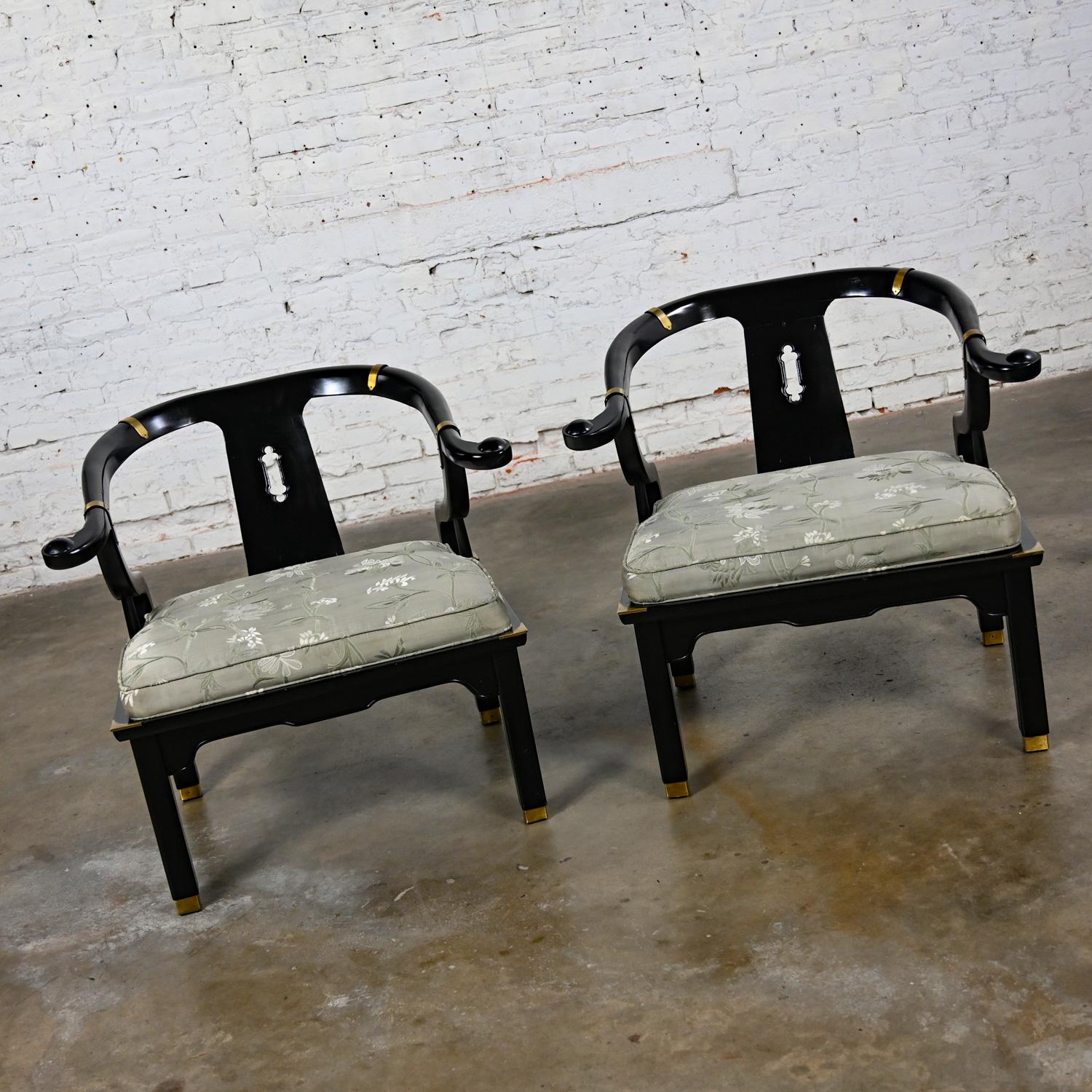 Wonderful vintage Asian Chinoiserie Ming style yoke back chairs with black lacquered frames & brass details in the style of James Mont. Beautiful condition, keeping in mind that these are vintage and not new so will have signs of use and wear. They