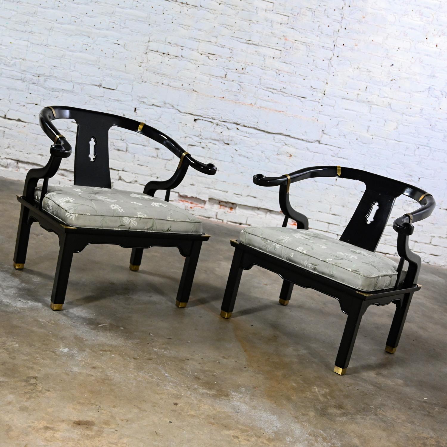 Unknown Vintage Chinoiserie Ming Style Yoke Back Chairs Black Lacquered Style James Mont For Sale