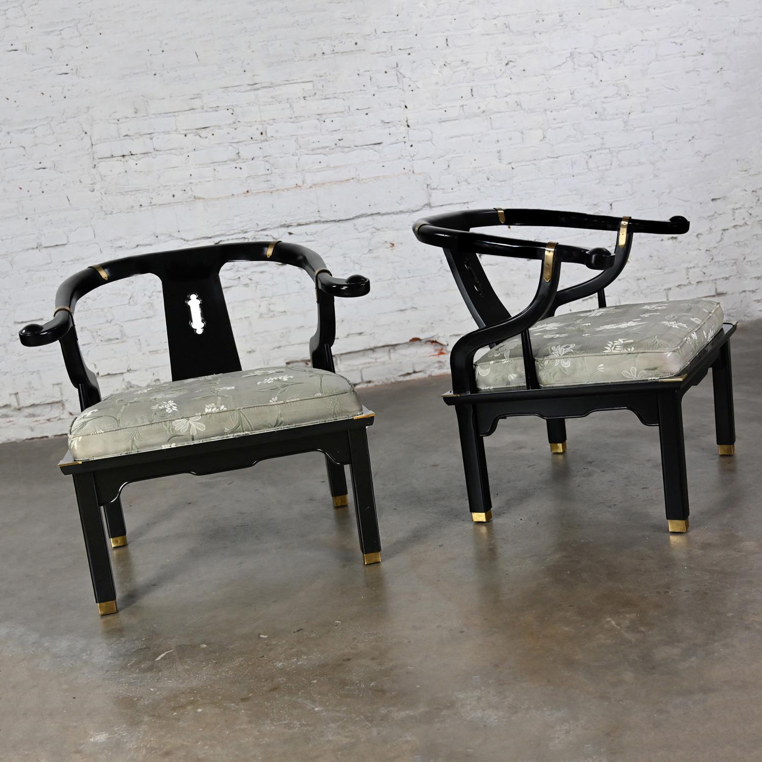 Vintage Chinoiserie Ming Style Yoke Back Chairs Black Lacquered Style James Mont In Good Condition For Sale In Topeka, KS