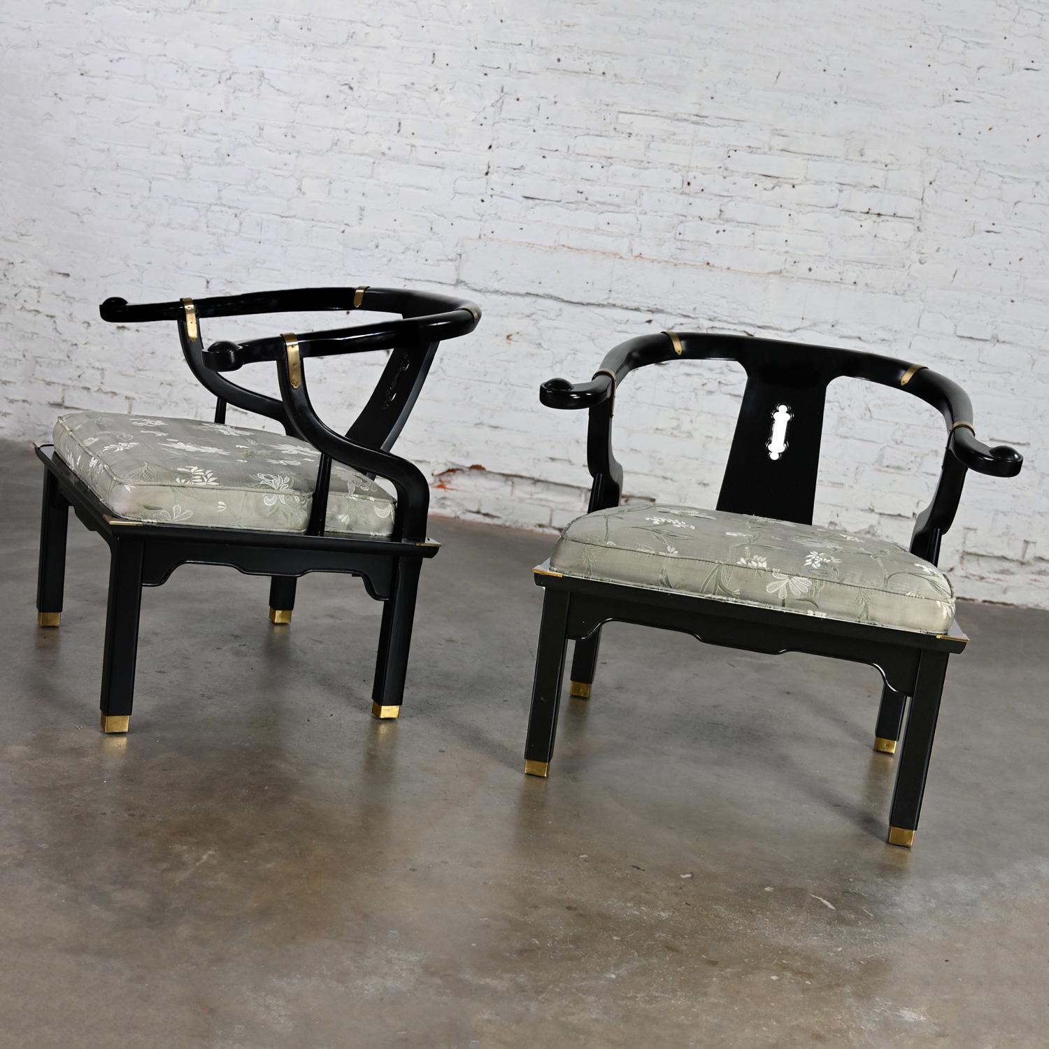 20th Century Vintage Chinoiserie Ming Style Yoke Back Chairs Black Lacquered Style James Mont For Sale