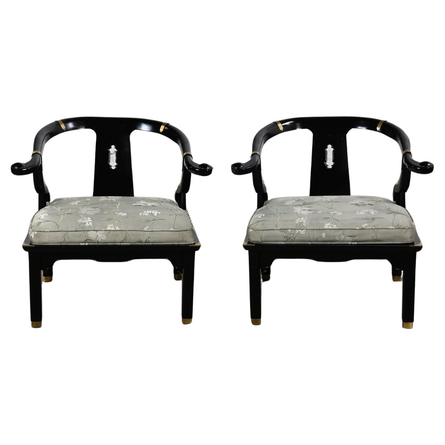 Vintage Chinoiserie Ming Style Yoke Back Chairs Black Lacquered Style James Mont For Sale