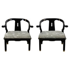 Used Chinoiserie Ming Style Yoke Back Chairs Black Lacquered Style James Mont