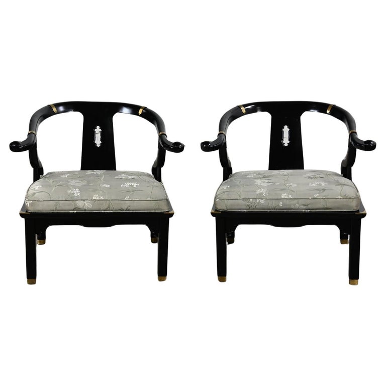 Vintage Chinoiserie Ming Style Yoke Back Chairs Black Lacquered