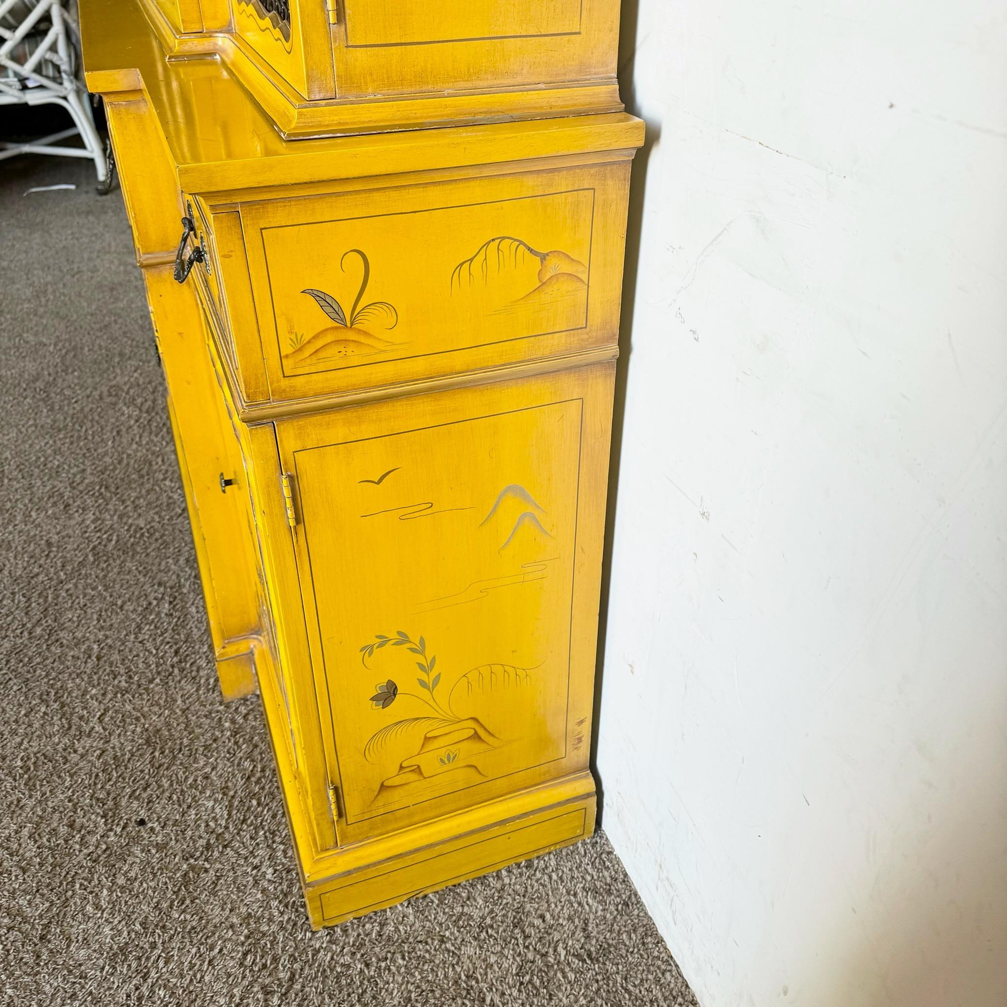 Vintage Chinoiserie Mustard Yellow Hand Painted China Cabinet/Breakfront 4