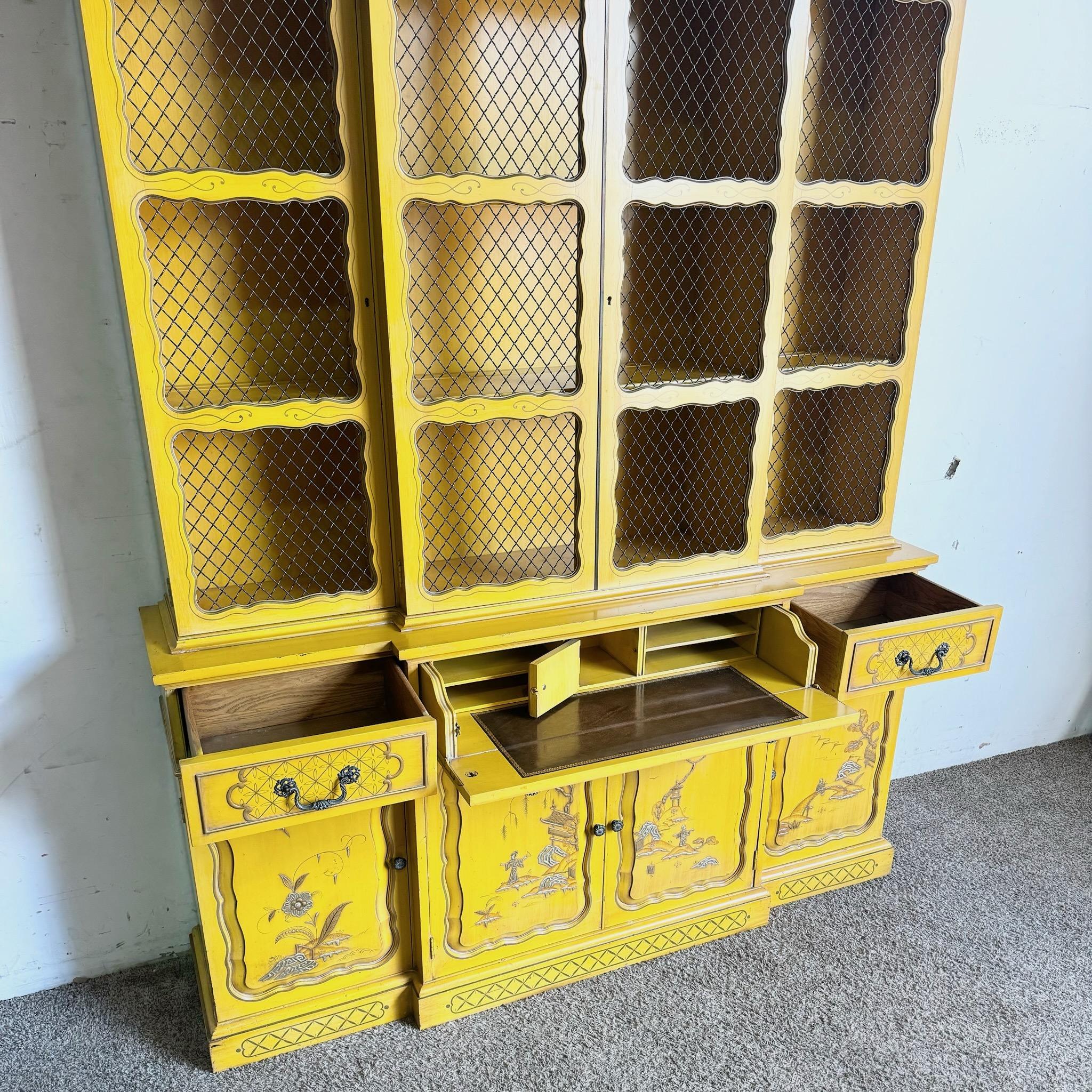 American Vintage Chinoiserie Mustard Yellow Hand Painted China Cabinet/Breakfront