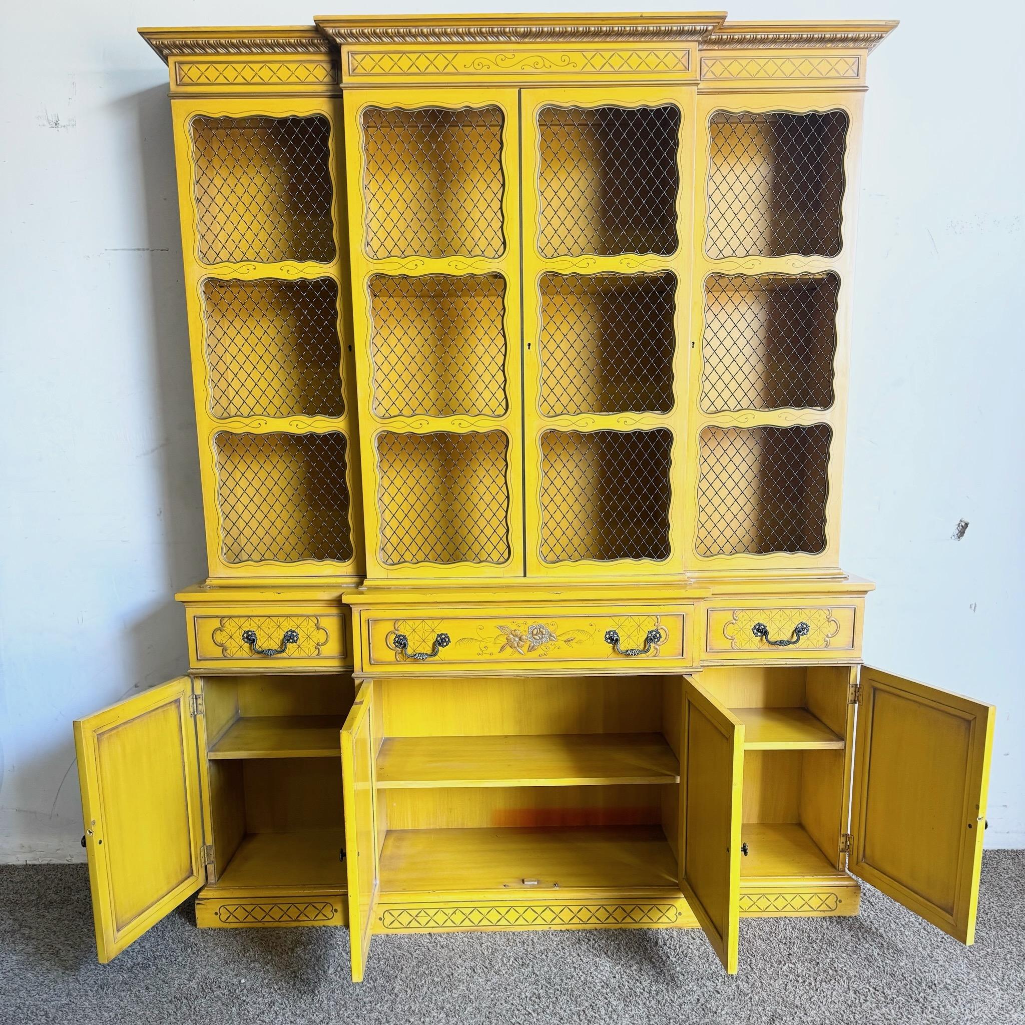 Vintage Chinoiserie Mustard Yellow Hand Painted China Cabinet/Breakfront In Good Condition In Delray Beach, FL