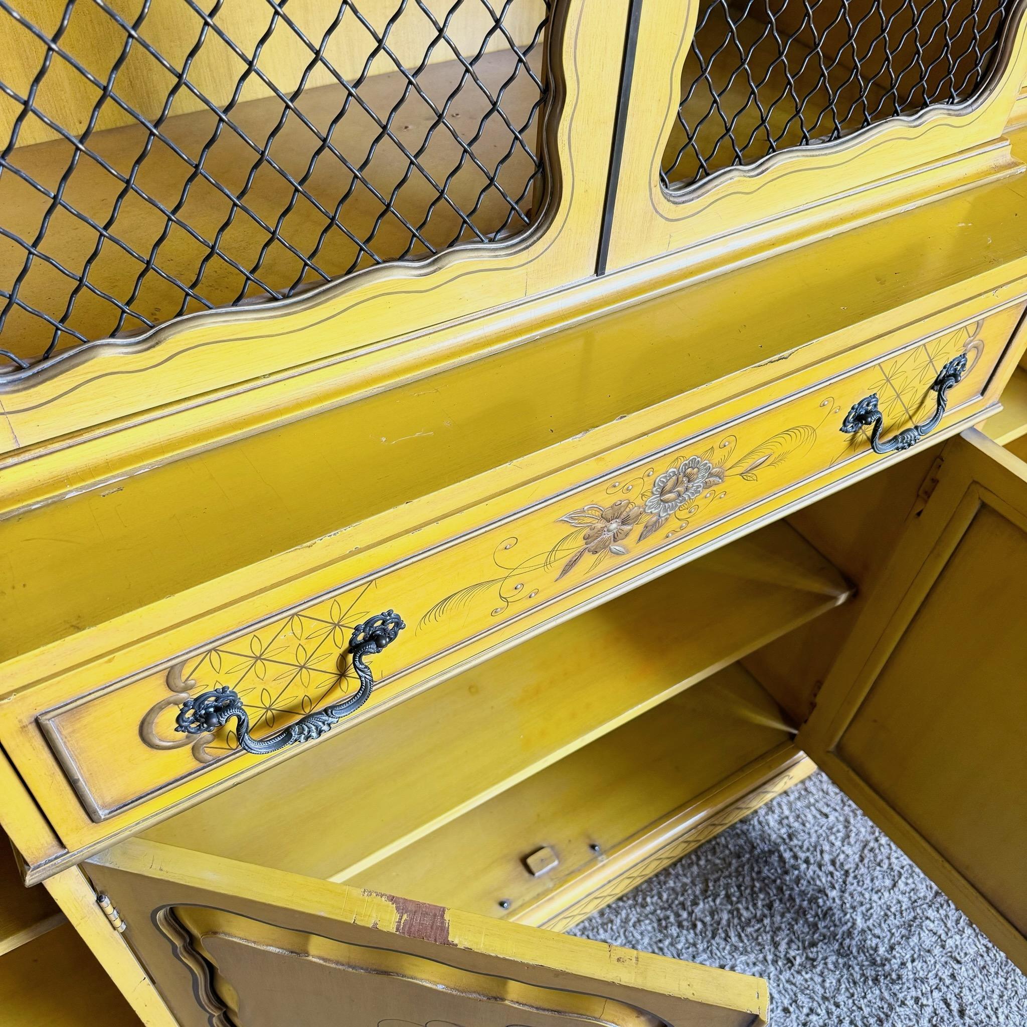 Late 20th Century Vintage Chinoiserie Mustard Yellow Hand Painted China Cabinet/Breakfront