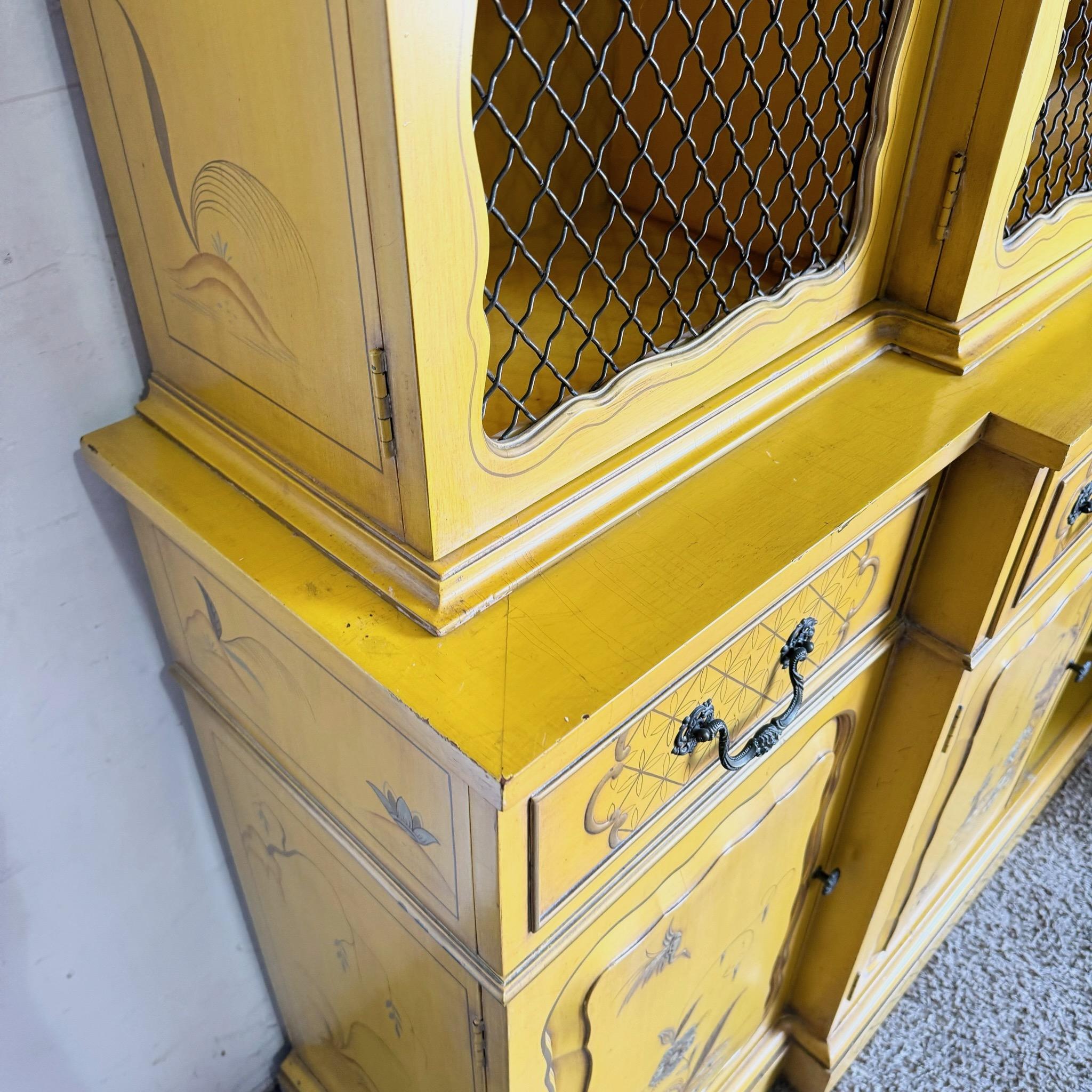 Wood Vintage Chinoiserie Mustard Yellow Hand Painted China Cabinet/Breakfront