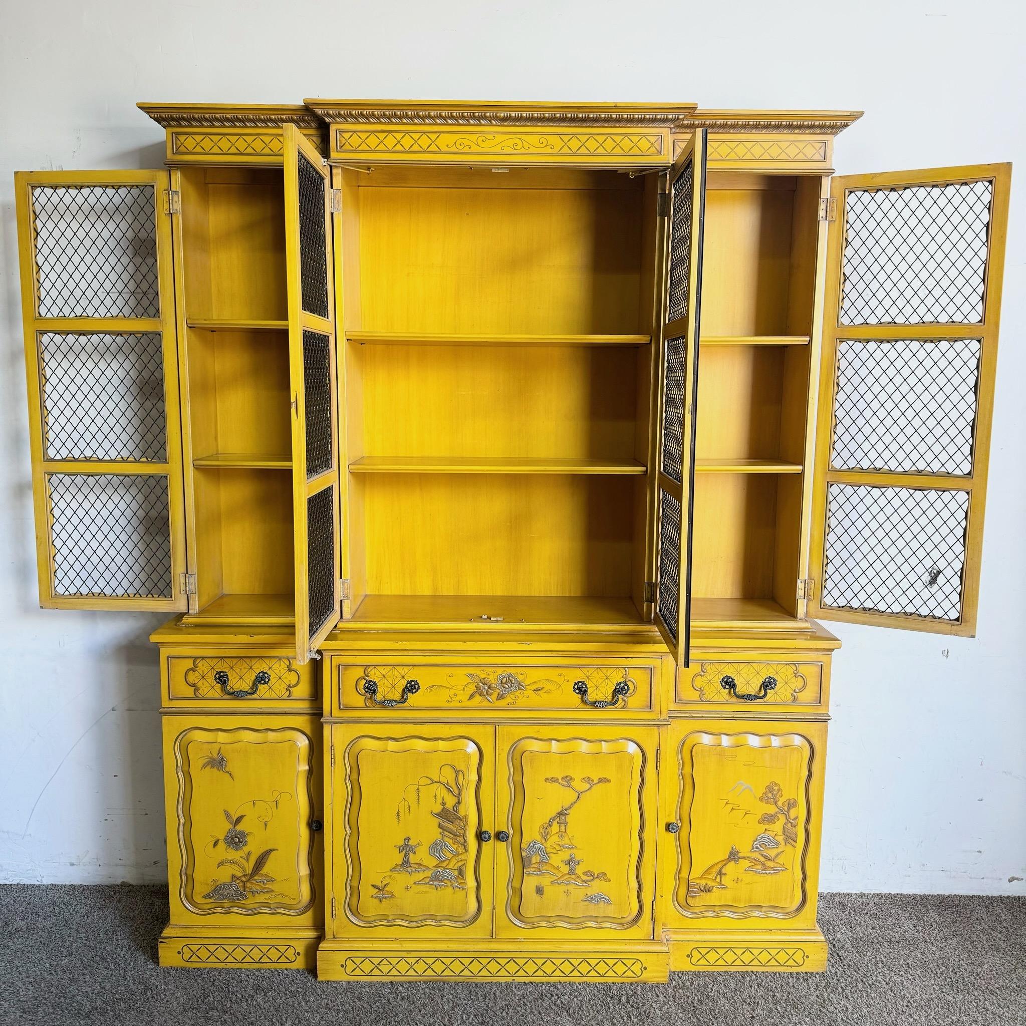 Vintage Chinoiserie Mustard Yellow Hand Painted China Cabinet/Breakfront 1