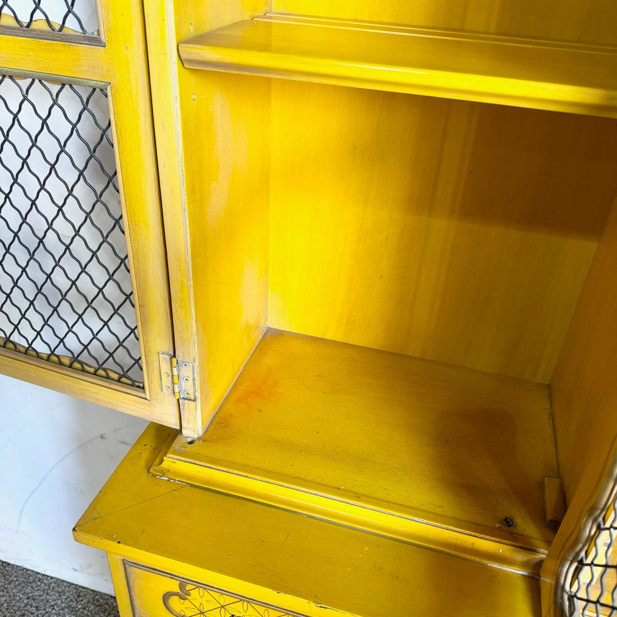 Vintage Chinoiserie Mustard Yellow Hand Painted China Cabinet/Breakfront 2
