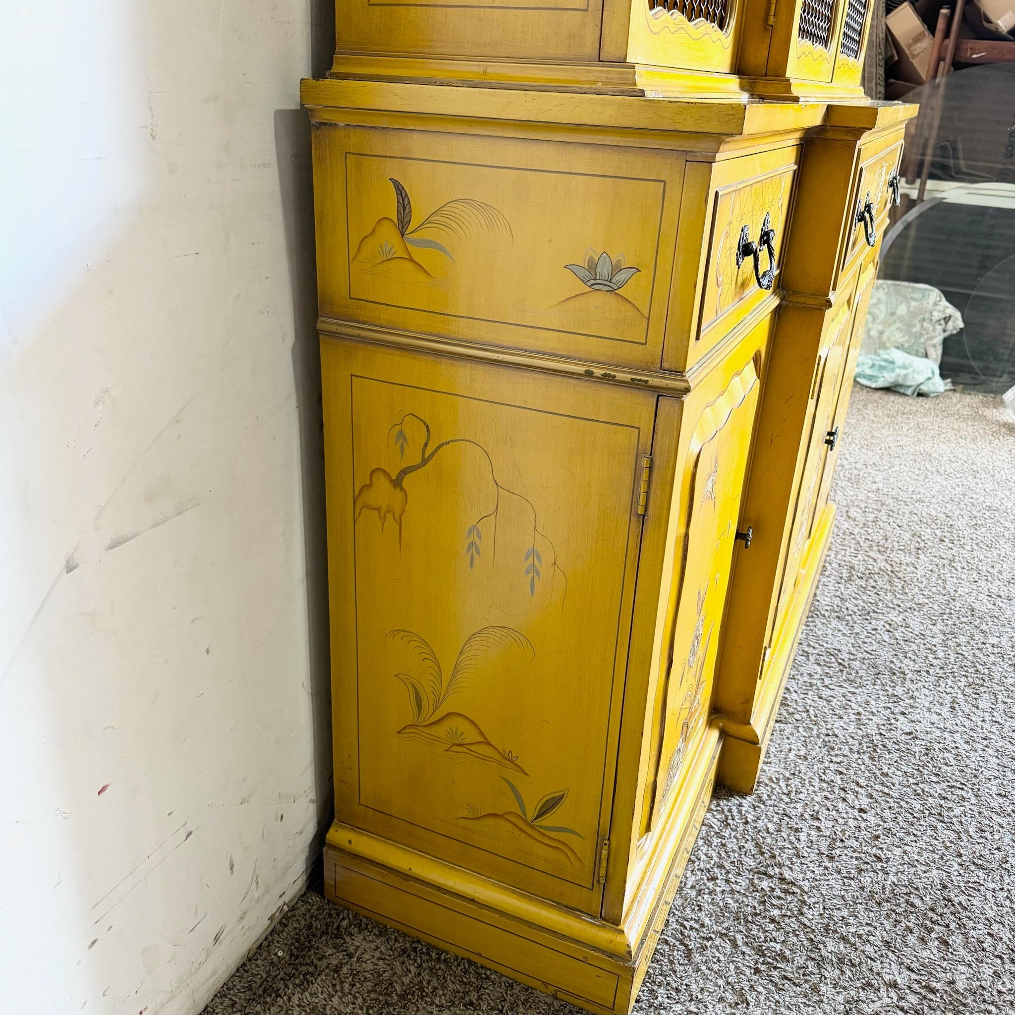 Vintage Chinoiserie Mustard Yellow Hand Painted China Cabinet/Breakfront 3