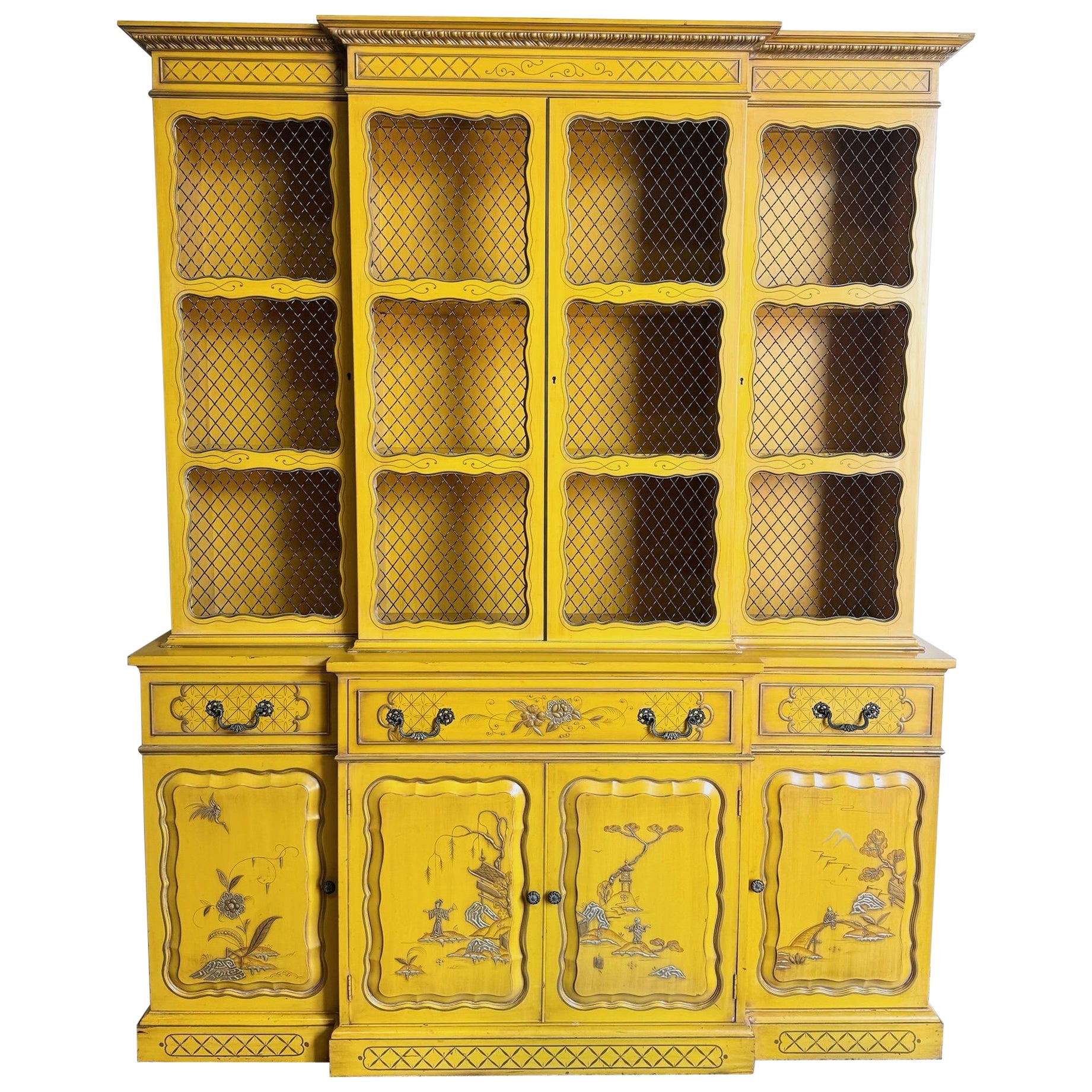 Vintage Chinoiserie Mustard Yellow Hand Painted China Cabinet/Breakfront