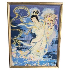 Vintage Chinoiserie Needlepoint of Dancing Woman