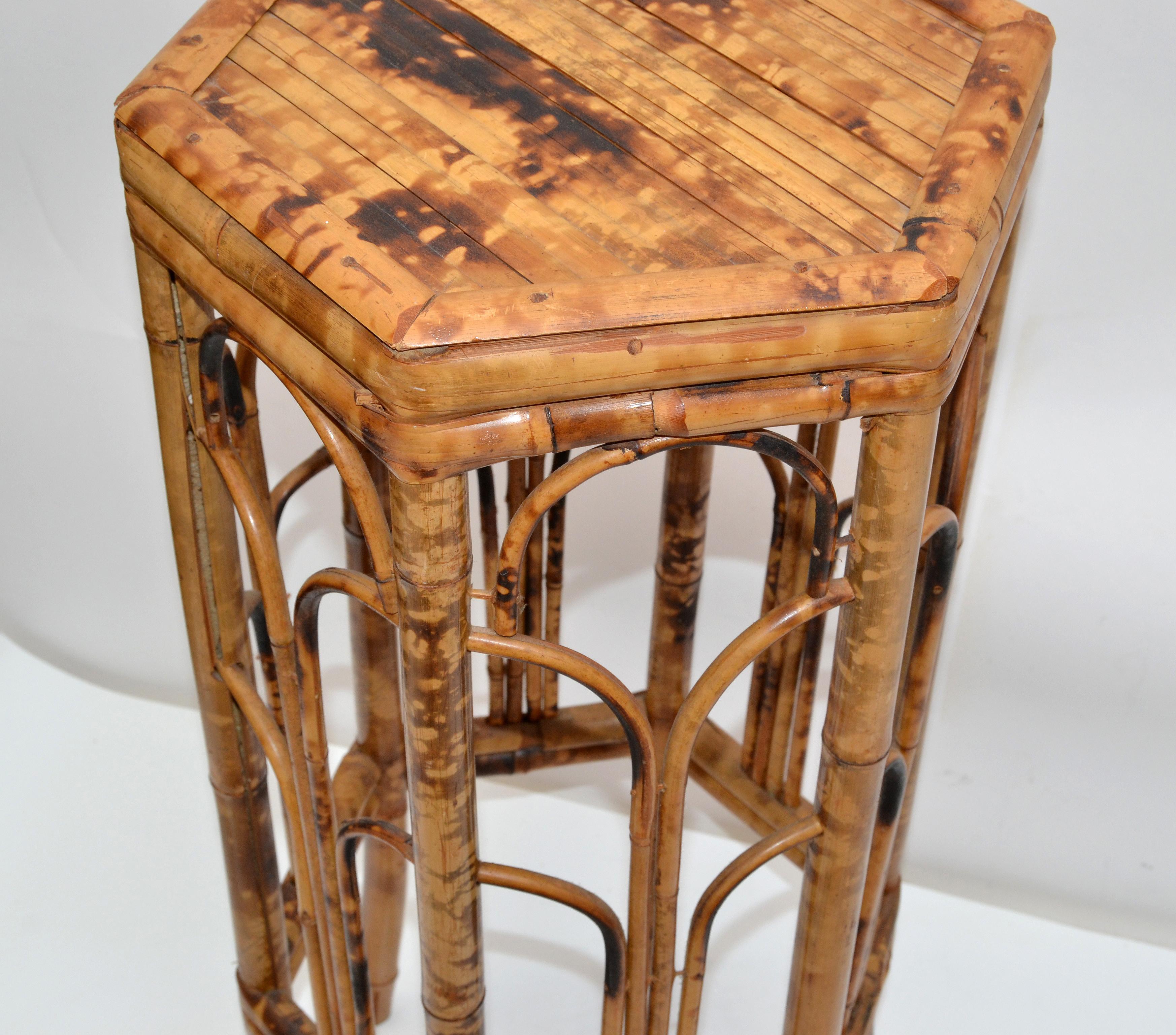 20th Century Vintage Chinoiserie Octagonal Shaped Rattan and Bamboo Plant Stand, Side Table