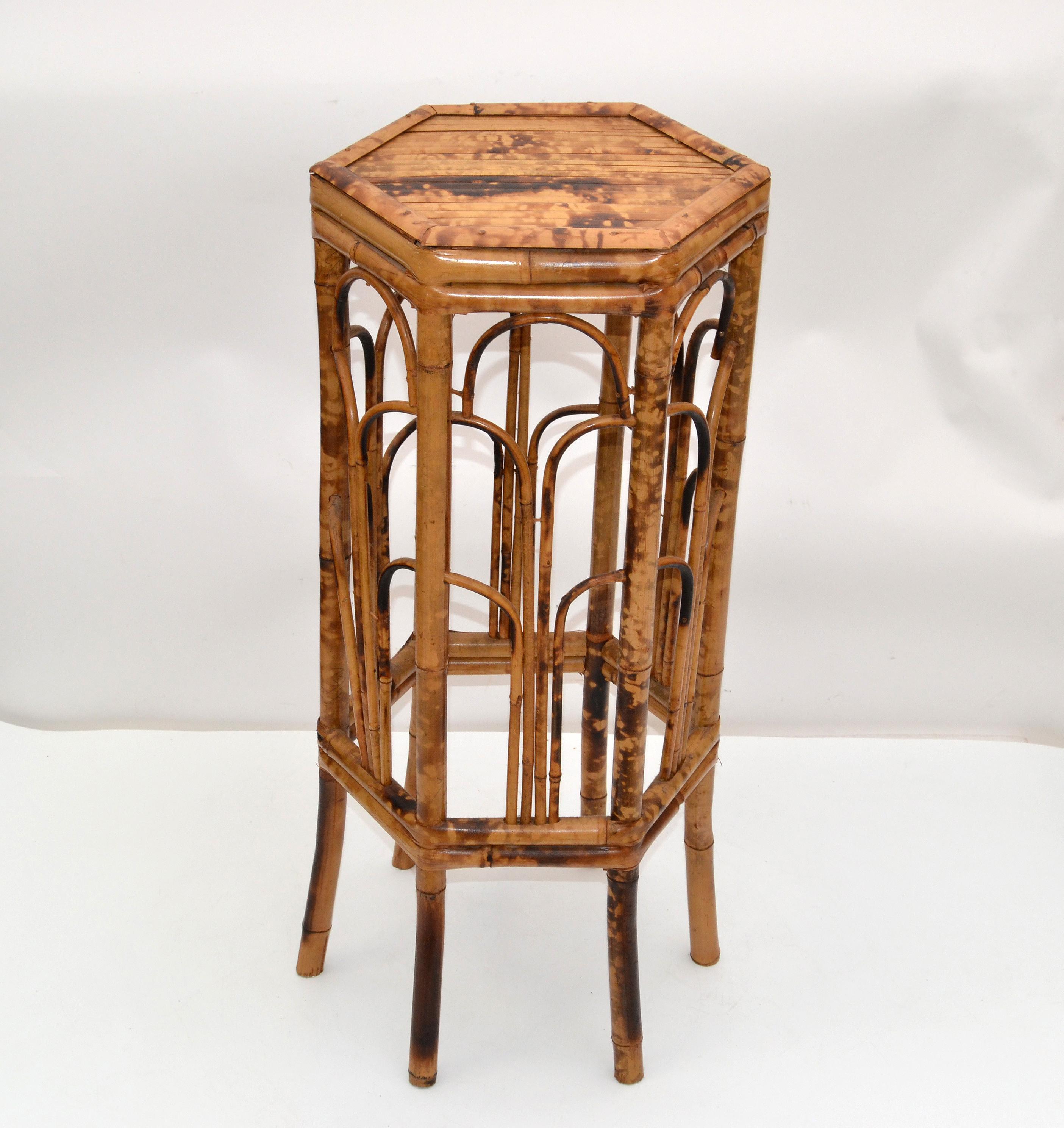 Vintage Chinoiserie Octagonal Shaped Rattan and Bamboo Plant Stand, Side Table 2