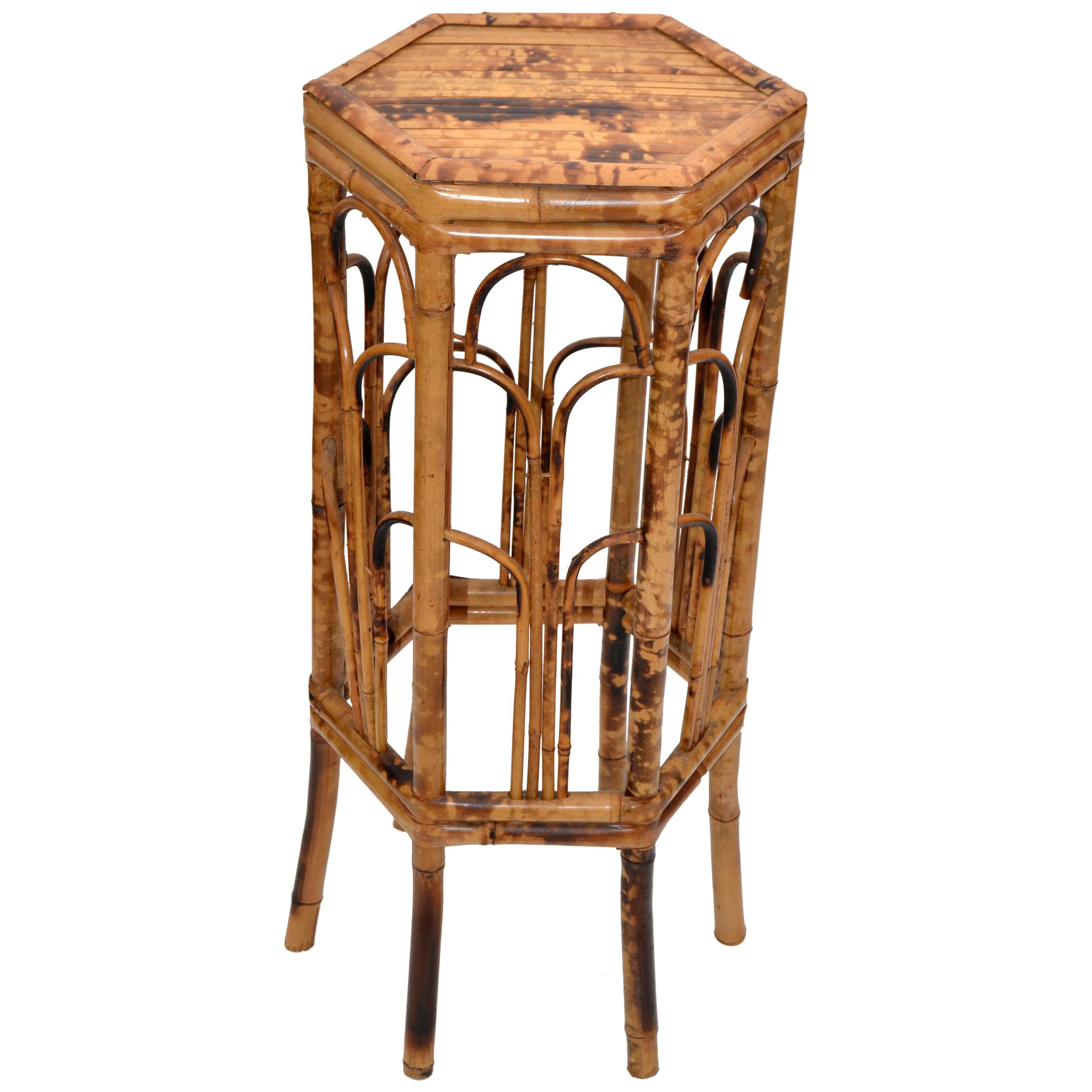 Vintage Chinoiserie Octagonal Shaped Rattan and Bamboo Plant Stand, Side Table