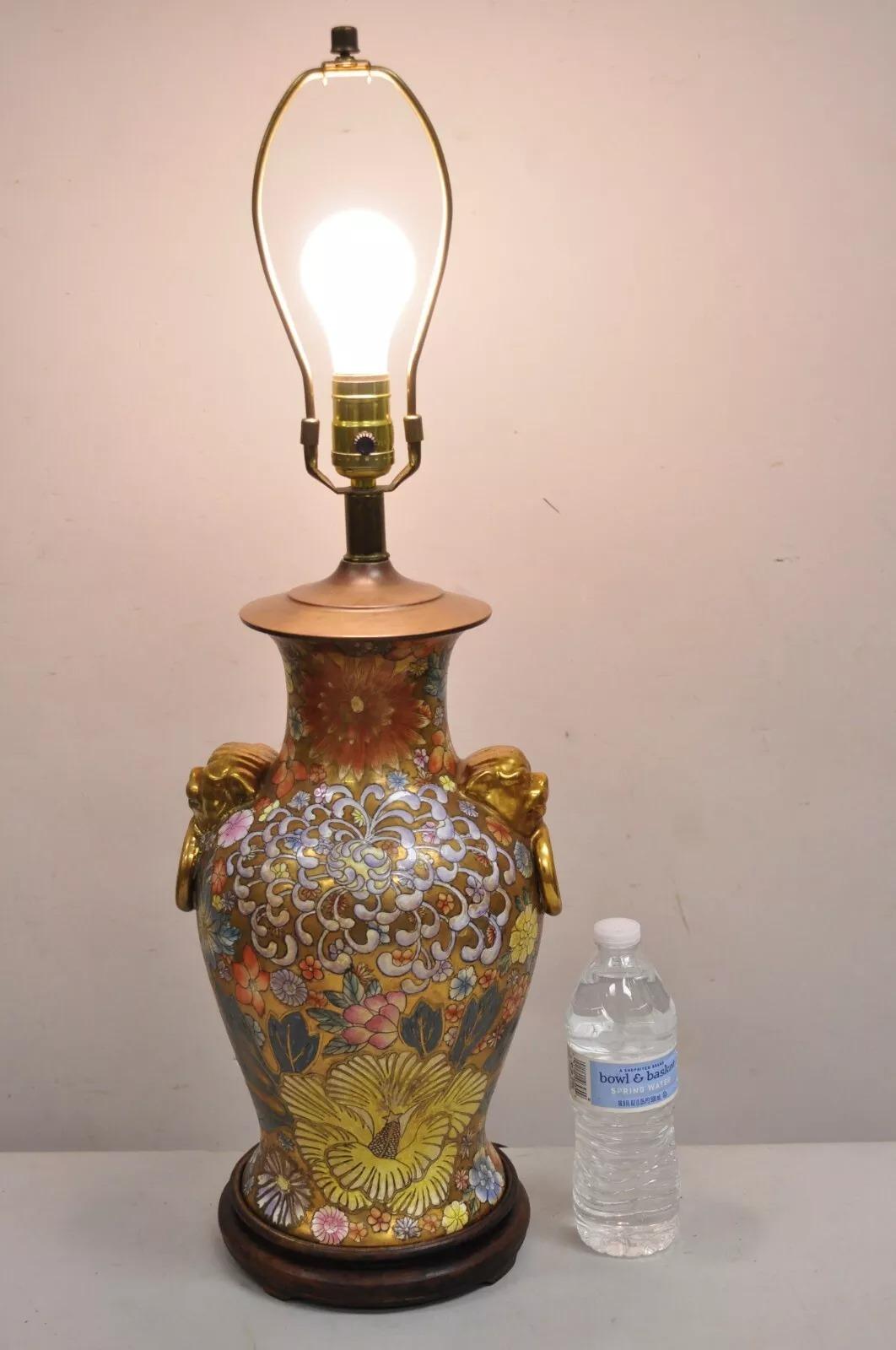 Lámpara de Sobremesa Vintage Chinoiserie Perro Foo de Porcelana Naranja. Mediados del siglo XX. Medidas: 28
