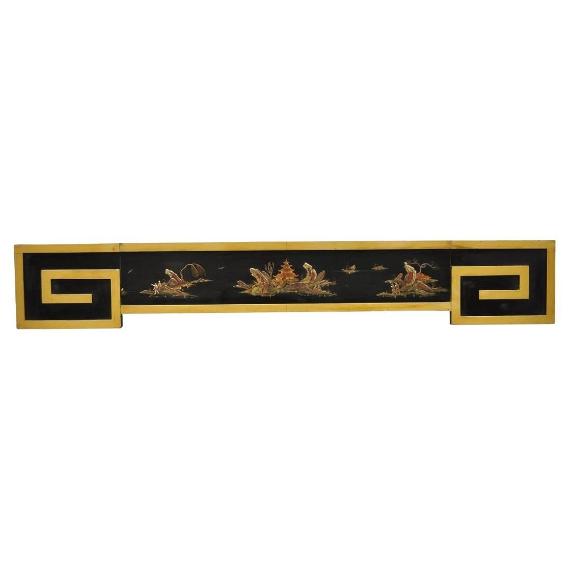 Vintage Chinoiserie Oriental Black Lacquer 
Gold Greek Key 77" Window Valance For Sale