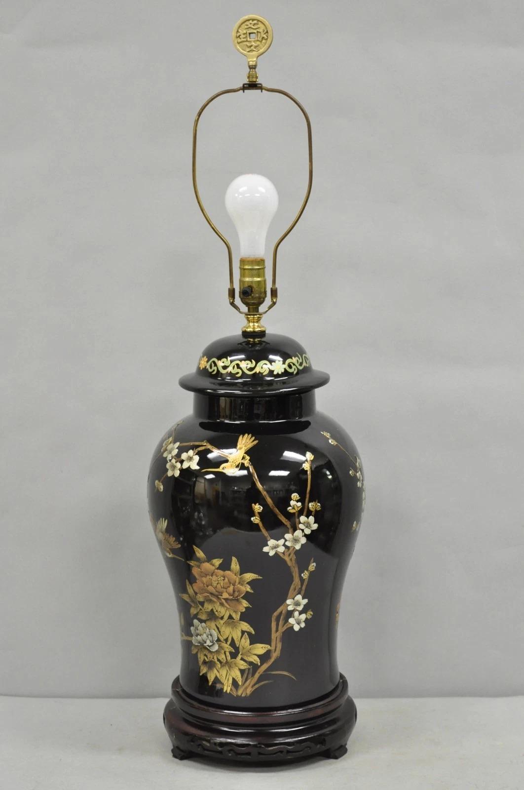 Vintage Chinoiserie Oriental Chinese Black Porcelain Large Ginger Jar Table Lamp For Sale 6