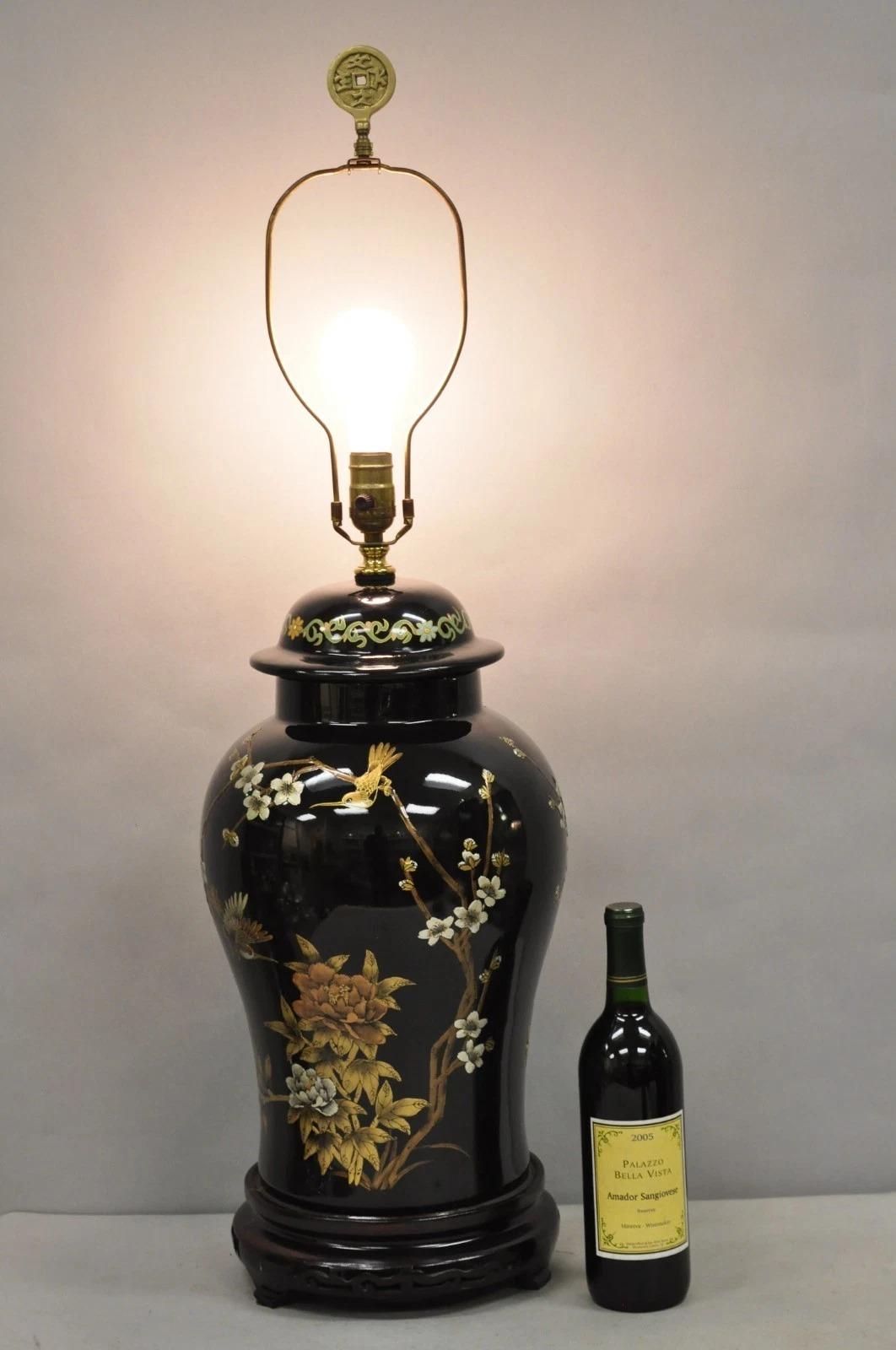 Vintage Chinoiserie Oriental Chinese Black Porcelain Large Ginger Jar Table Lamp with Painted Cherry Blossom and Bird Design. Circa Mid 20th Century. Measurements: 36.5