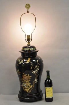 Vintage Chinoiserie Oriental Chinese Black Porcelain Large Ginger Jar Table Lamp