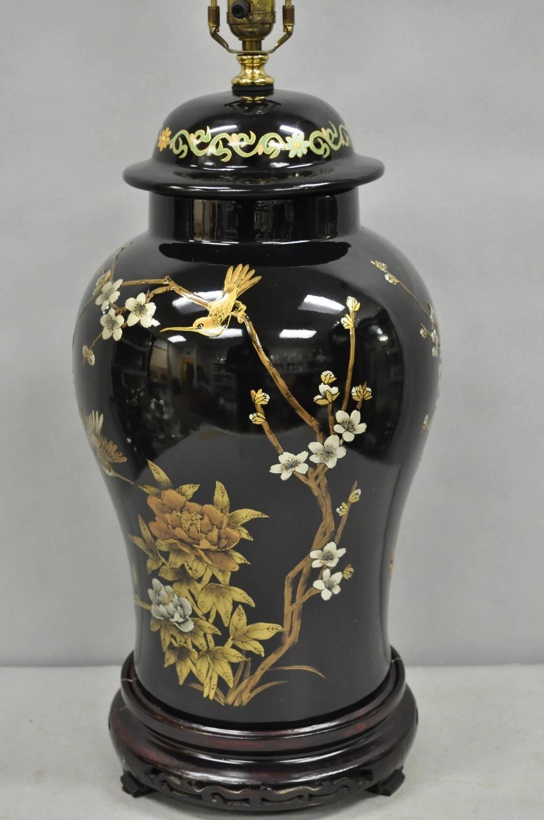 Unknown Vintage Chinoiserie Oriental Chinese Black Porcelain Large Ginger Jar Table Lamp For Sale