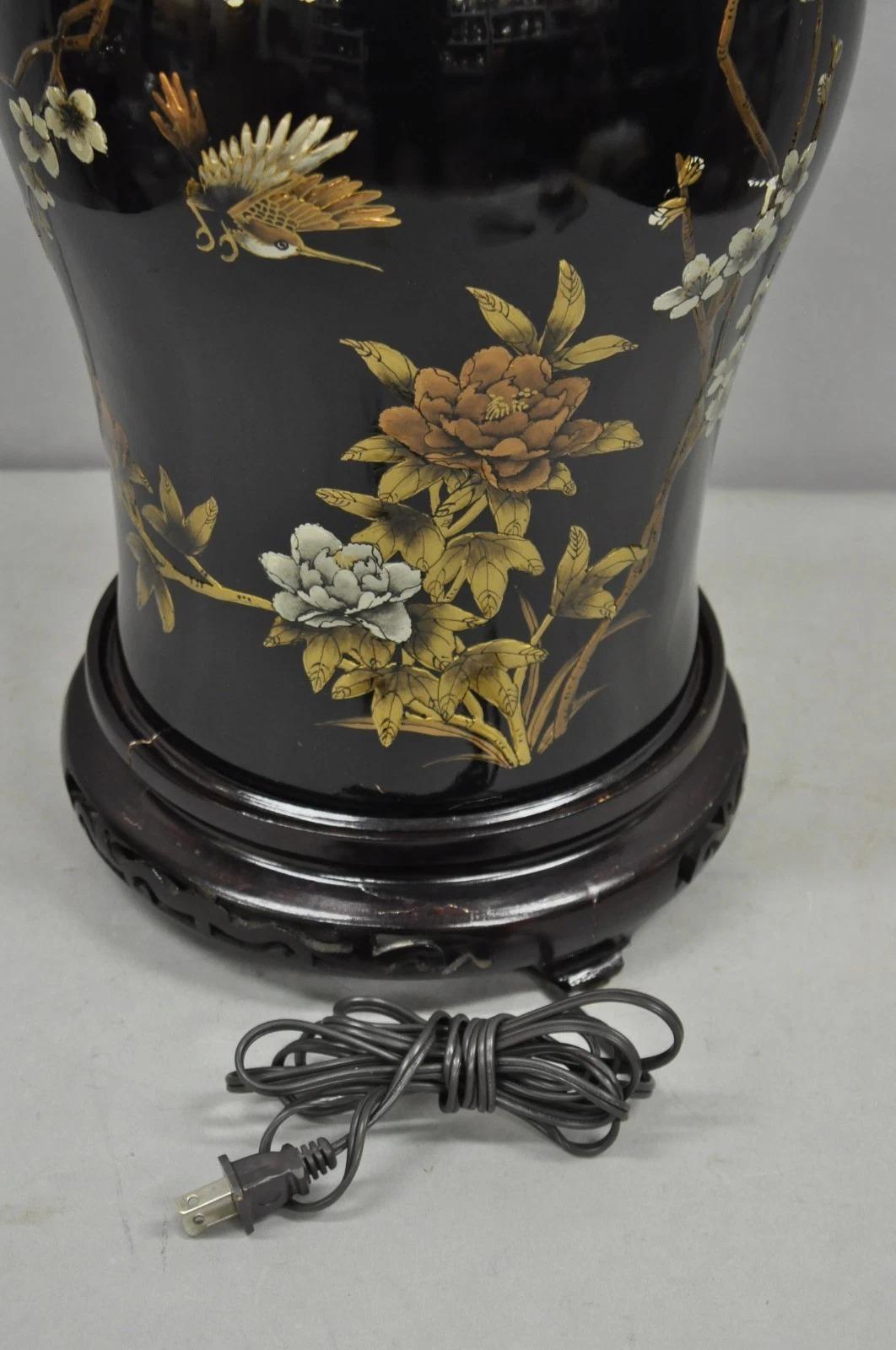 Vintage Chinoiserie Oriental Chinese Black Porcelain Large Ginger Jar Table Lamp For Sale 2
