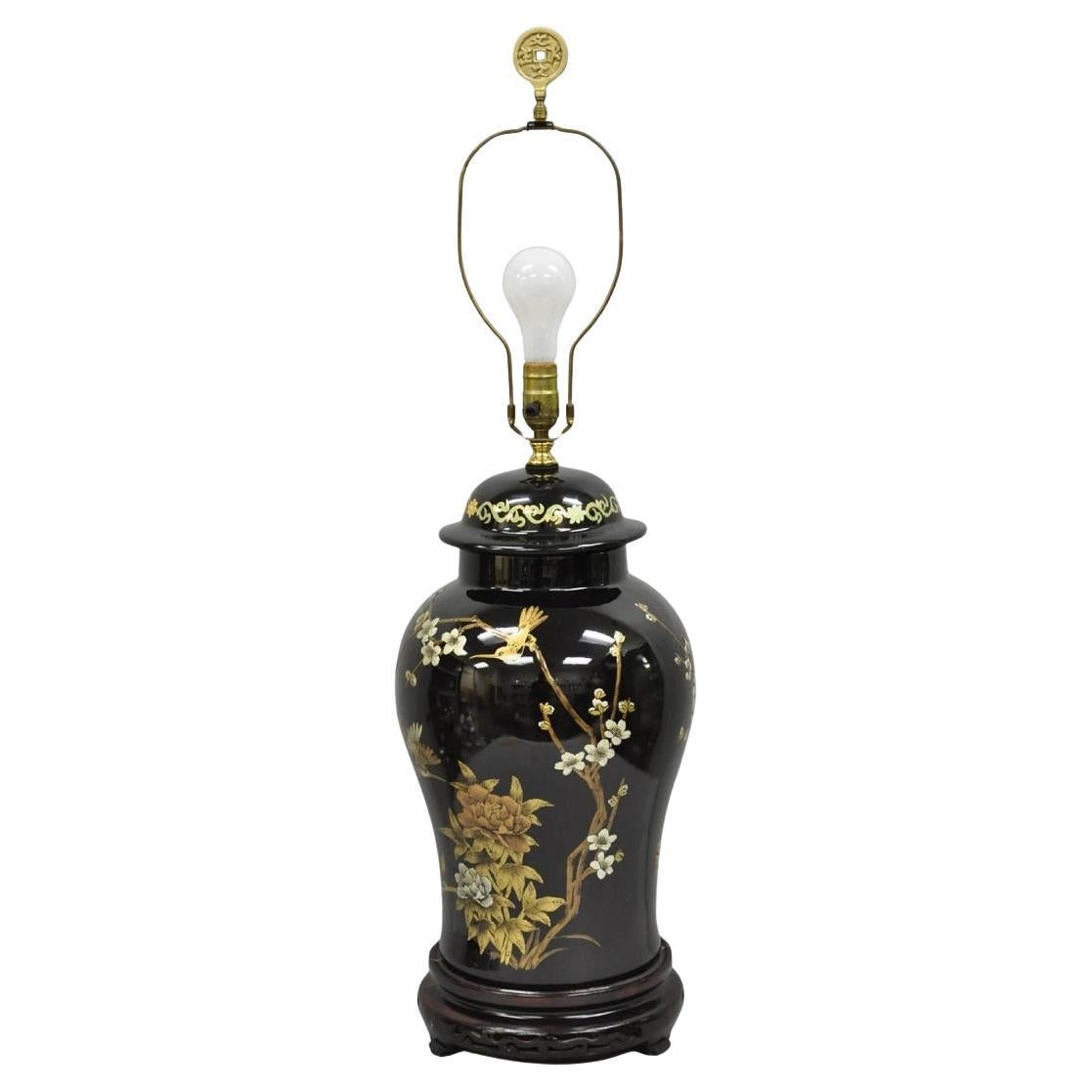 Vintage Chinoiserie Oriental Chinese Black Porcelain Large Ginger Jar Table Lamp For Sale