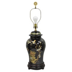Vintage Chinoiserie Oriental Chinese Black Porcelain Large Ginger Jar Table Lamp