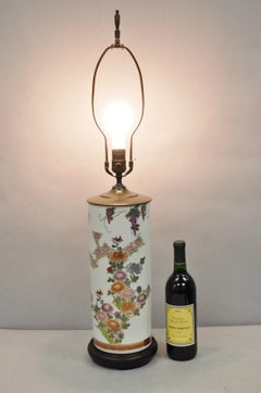 Lámpara de mesa cilíndrica de porcelana china oriental con pintura floral Vintage Chinoiserie