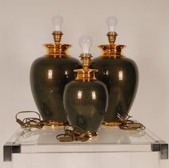 Vintage Chinoiserie Oriental Green and Gold Porcelain Vase Table Lamps, Set of 3
