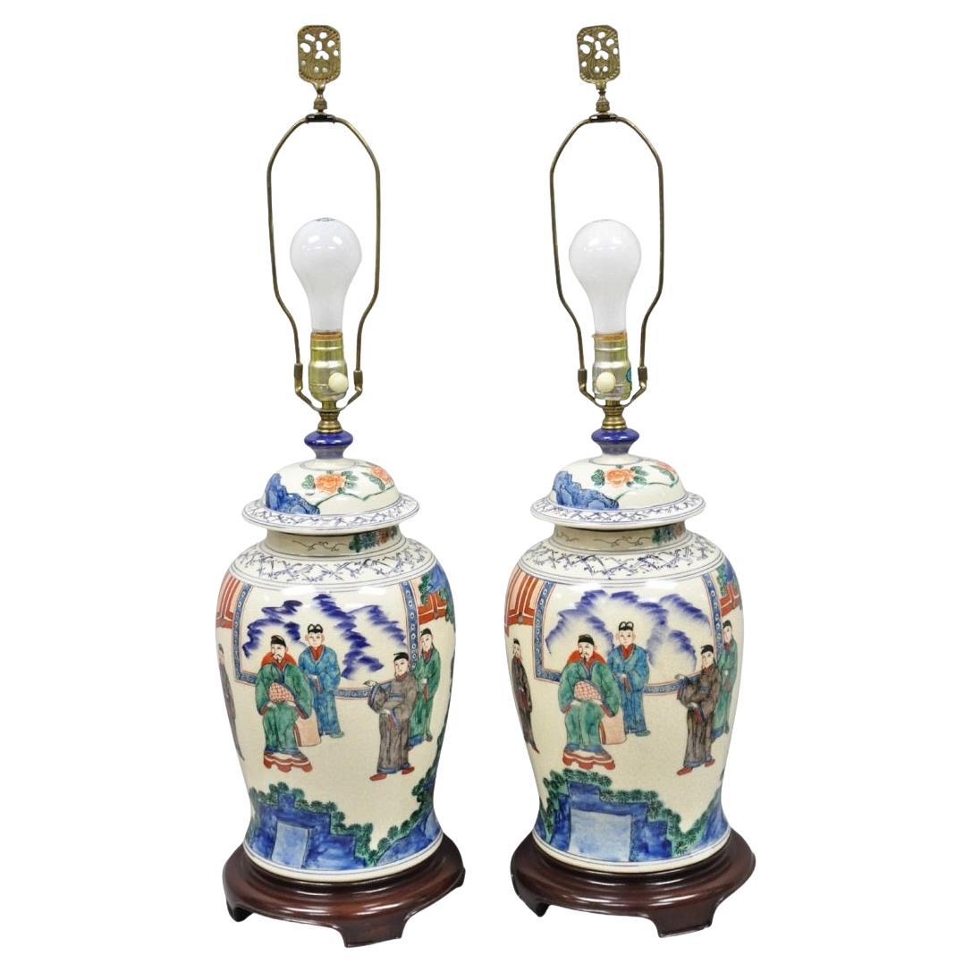 Vintage Chinoiserie Oriental Oatmeal Ginger Jar Ceramic Table Lamps - a Pair