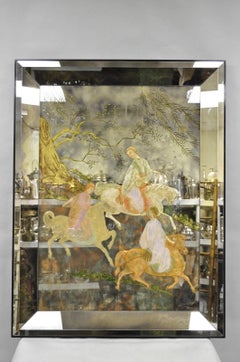 Vintage Chinoiserie Orientalist Verre Eglomise Räucherglas Figural Wandspiegel