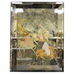 Vintage Chinoiserie Orientalist Verre Eglomise Smoked Glass Figural Wall Mirror