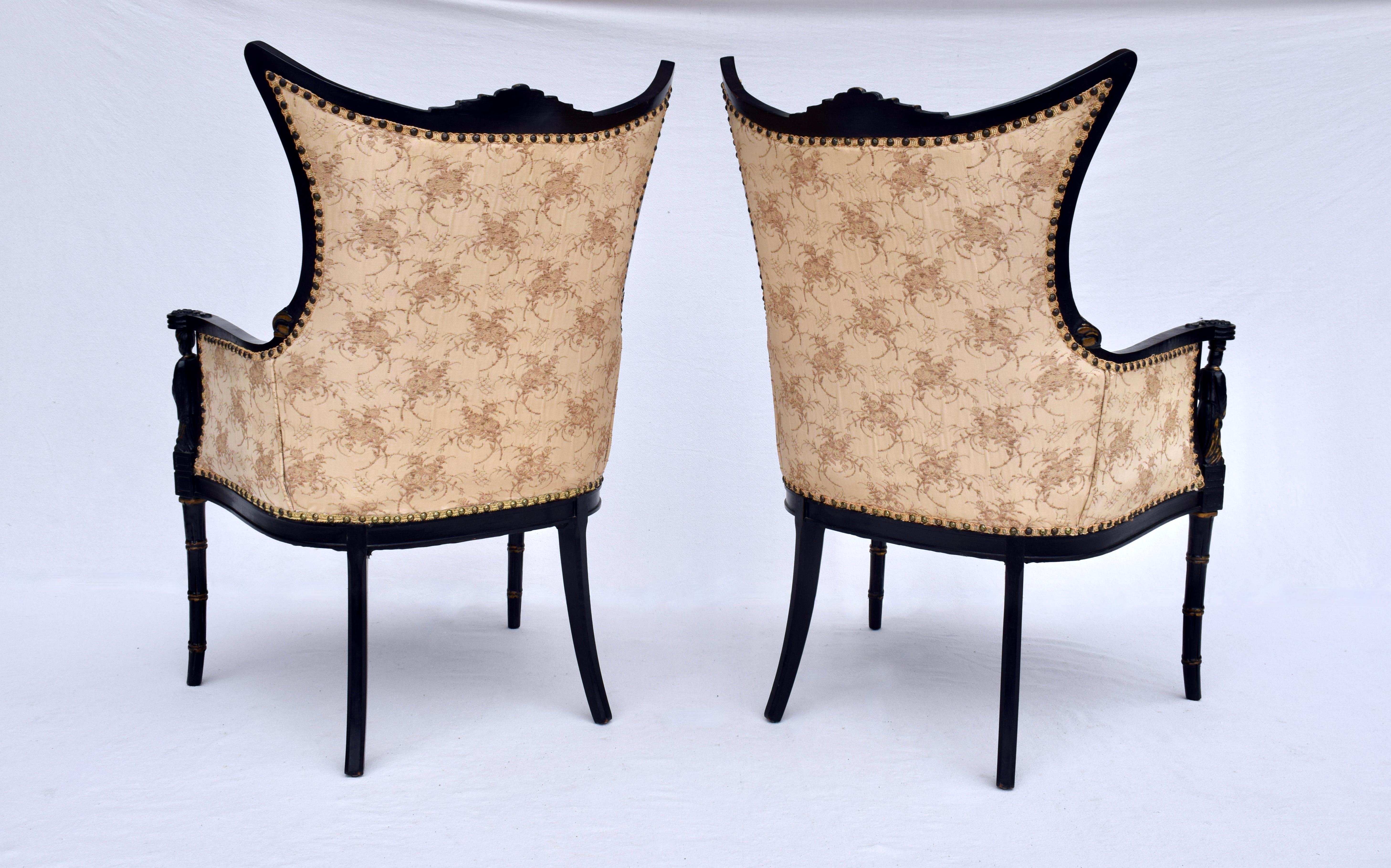 Ebonized Vintage Chinoiserie Pagoda Arm Chairs For Sale