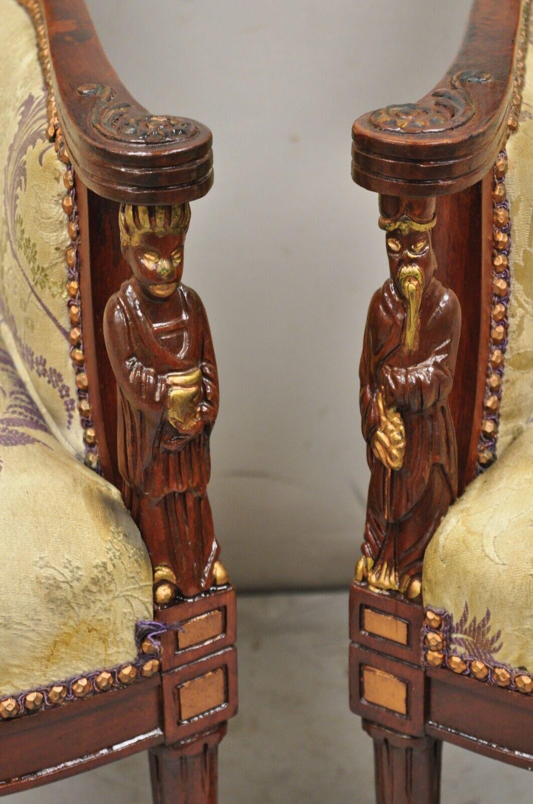 Vintage Chinoiserie Pagoda Figural Carved Mahogany Fireside Parlor Lounge Chairs In Good Condition For Sale In Philadelphia, PA