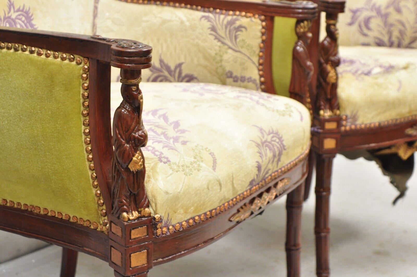 20th Century Vintage Chinoiserie Pagoda Figural Carved Mahogany Fireside Parlor Lounge Chairs For Sale