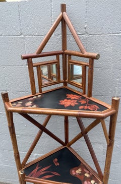 Vintage Chinoiserie Pagoda Corner Shelf, Bamboo, Three Tier